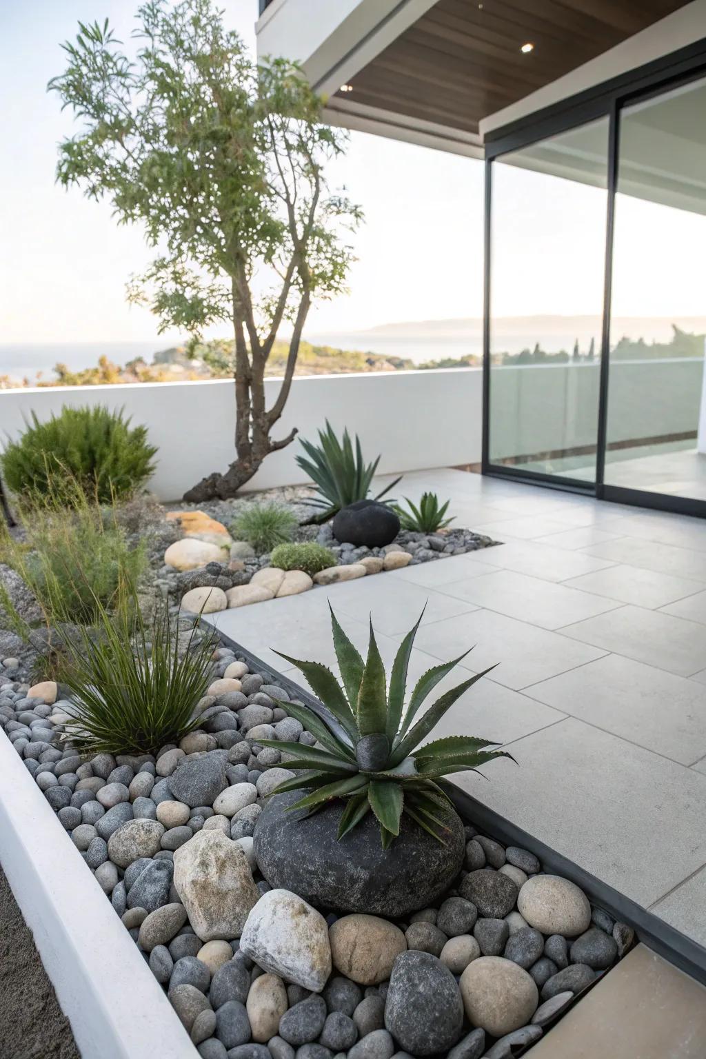 A modern minimalist rock garden that exudes elegance.