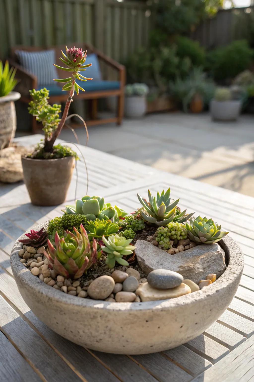 A succulent rock garden in a stone bowl for a desert-inspired look.