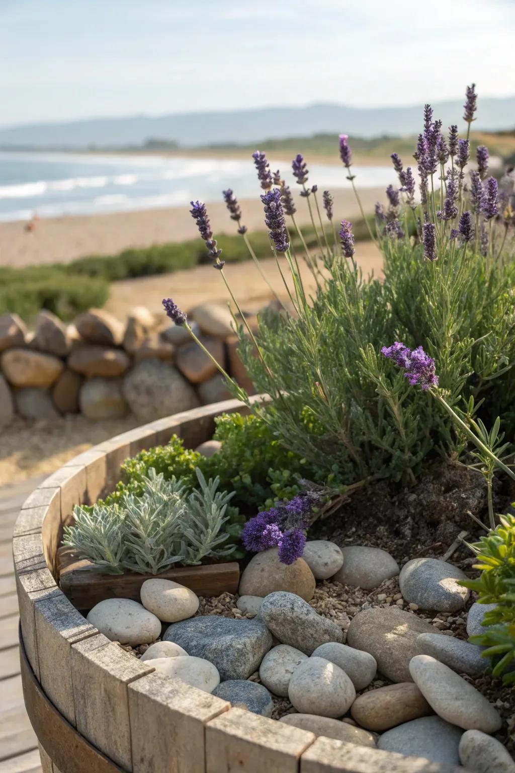A seaside escape with coastal plants and beachy stones.