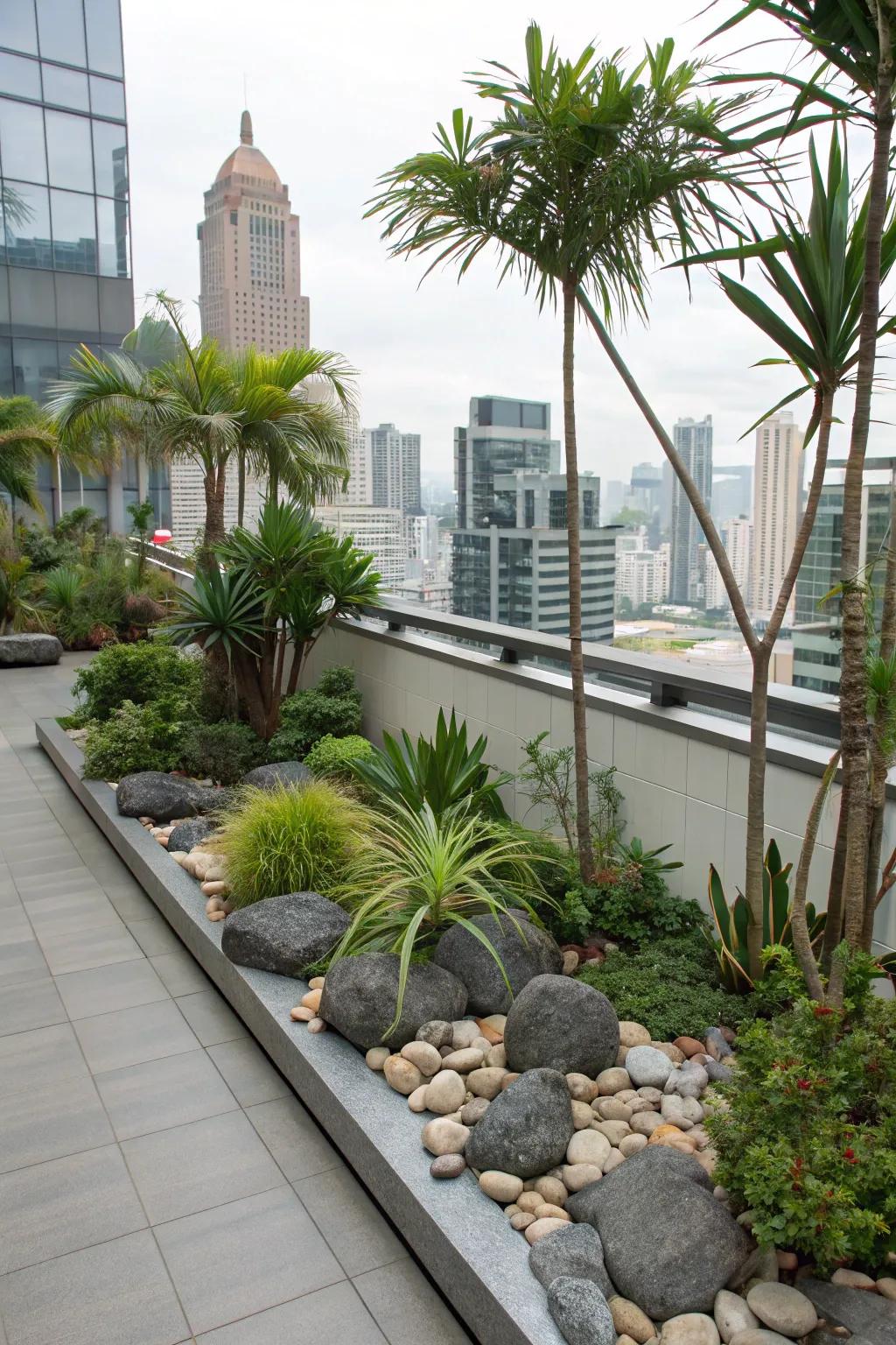 An urban jungle rock garden that creates a city oasis.