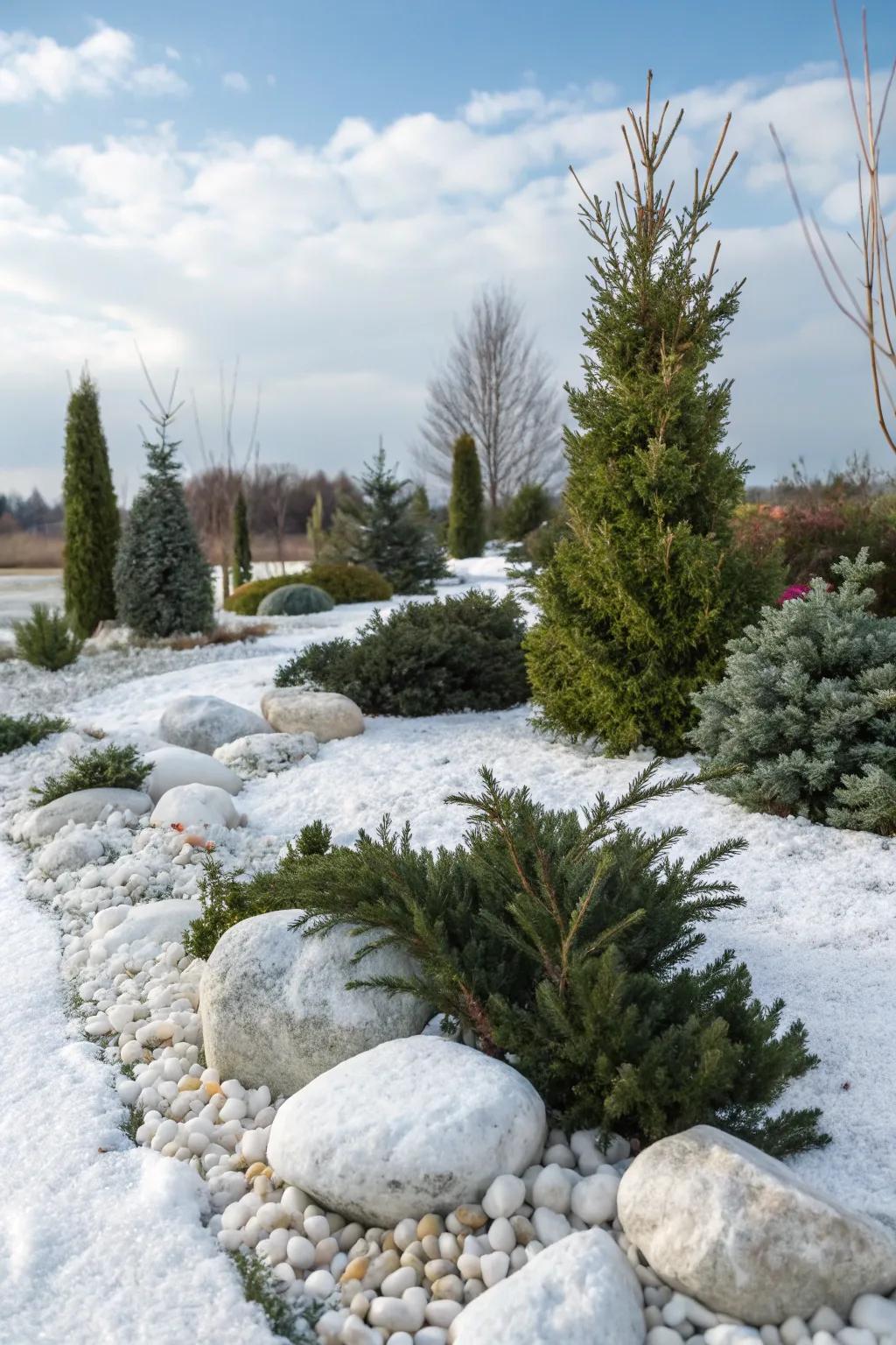 A winter wonderland rock garden that celebrates frosty beauty.