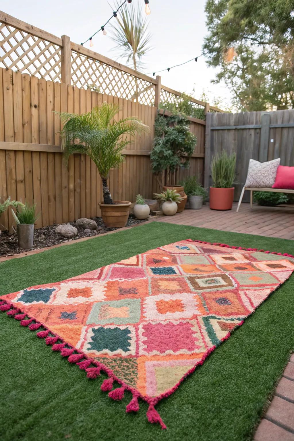 A chic rug adding style to the backyard space.
