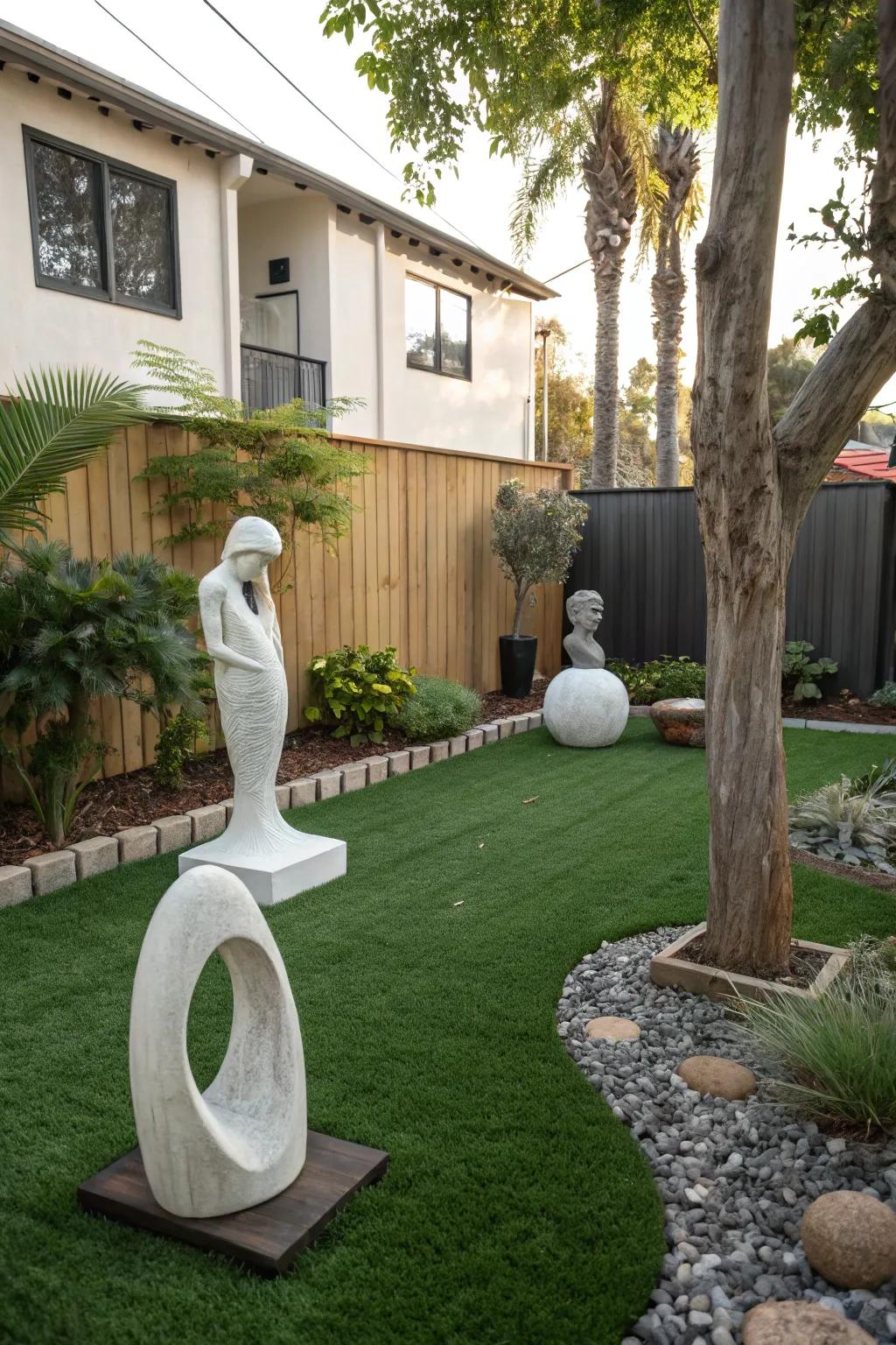Sculptures adding character to a vibrant garden.