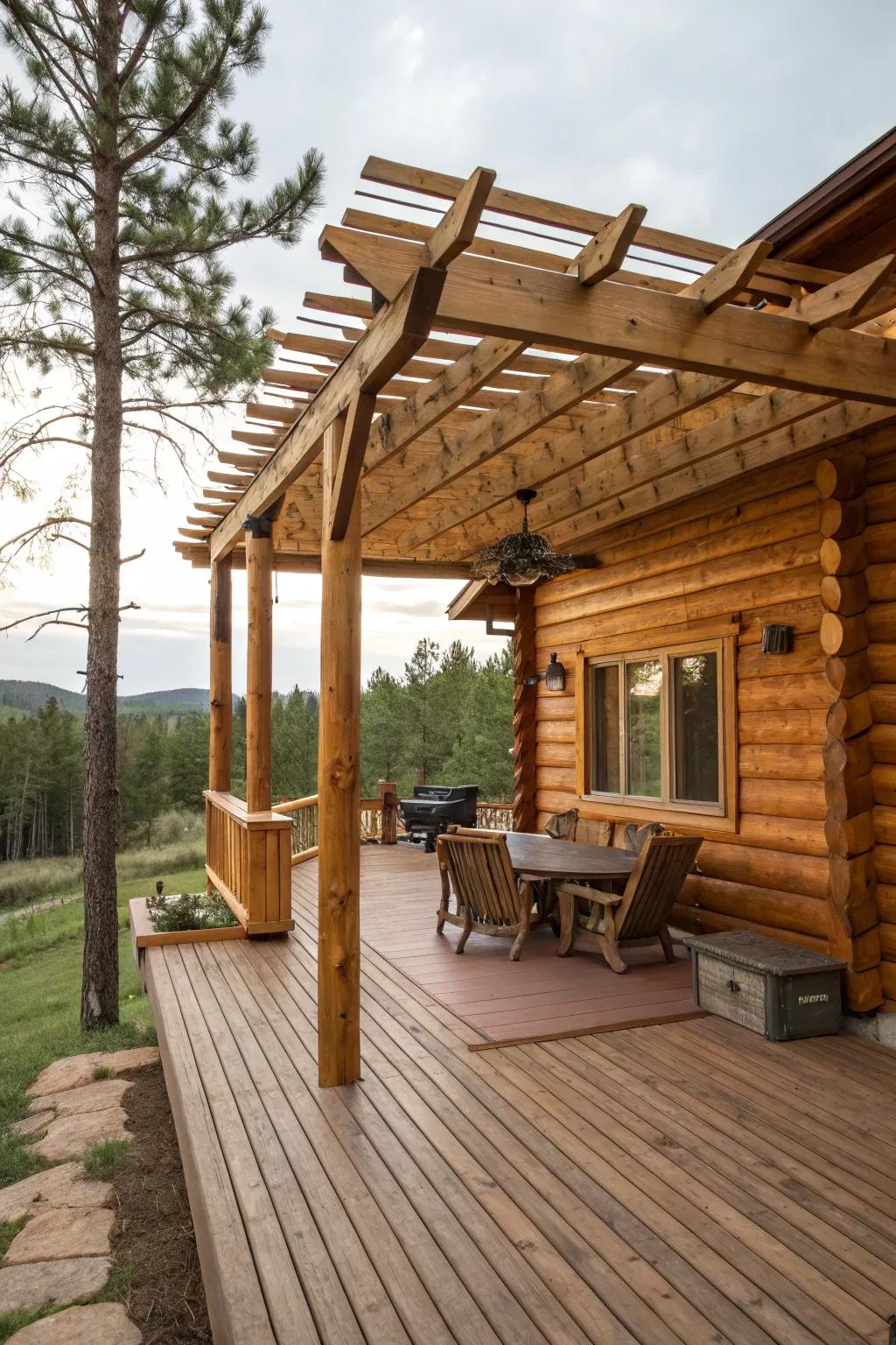 A covered area allows for comfortable outdoor enjoyment in any weather.