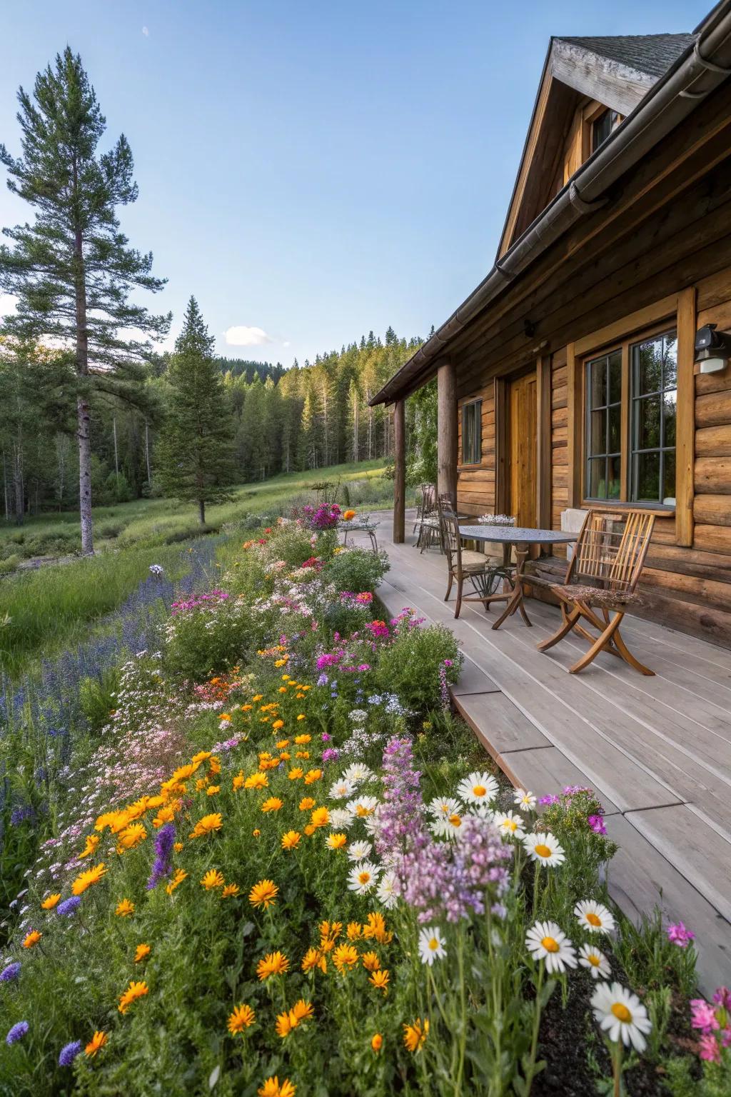 Wildflower borders add vibrant color to the patio's edge.