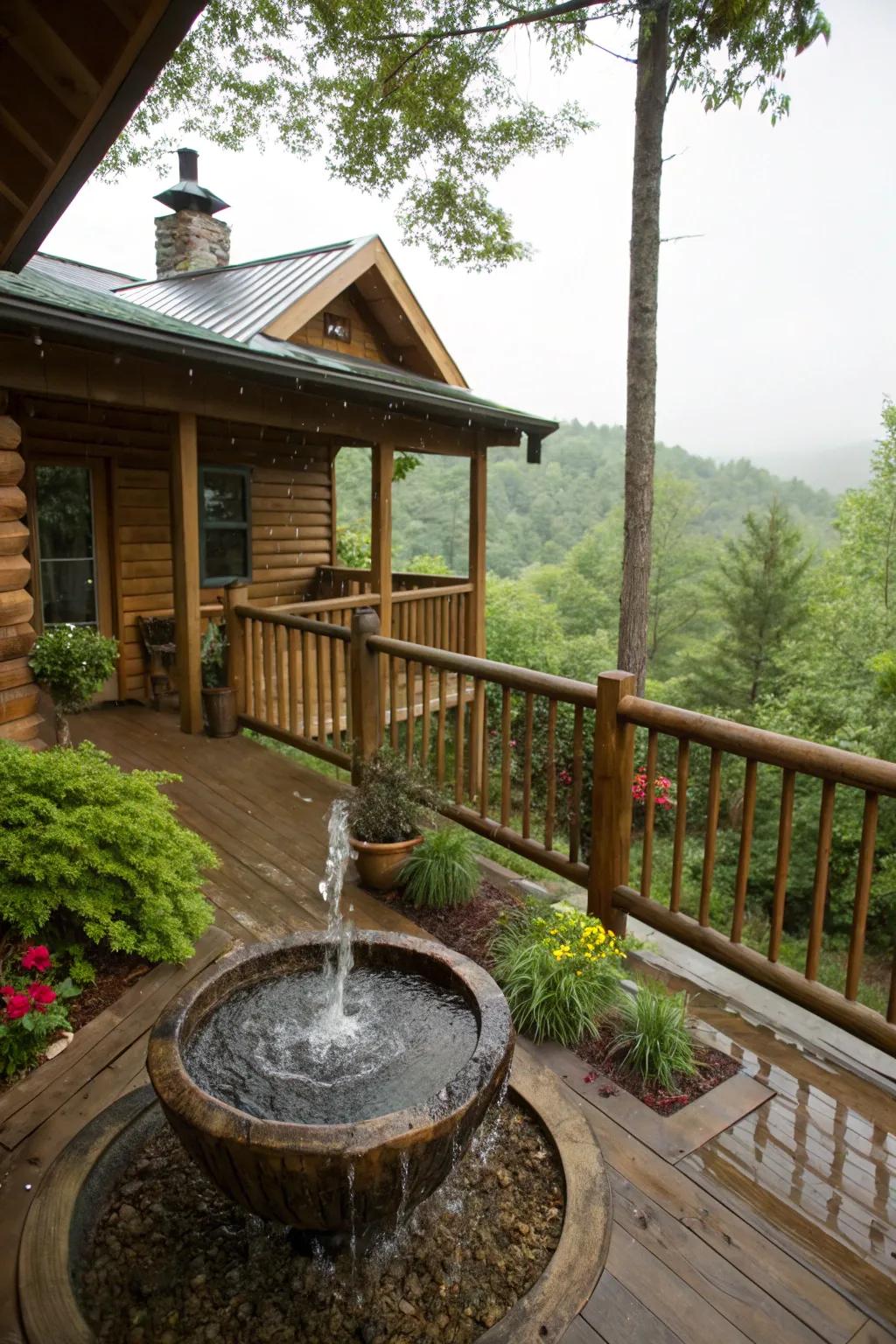 A water feature adds tranquility to the patio.
