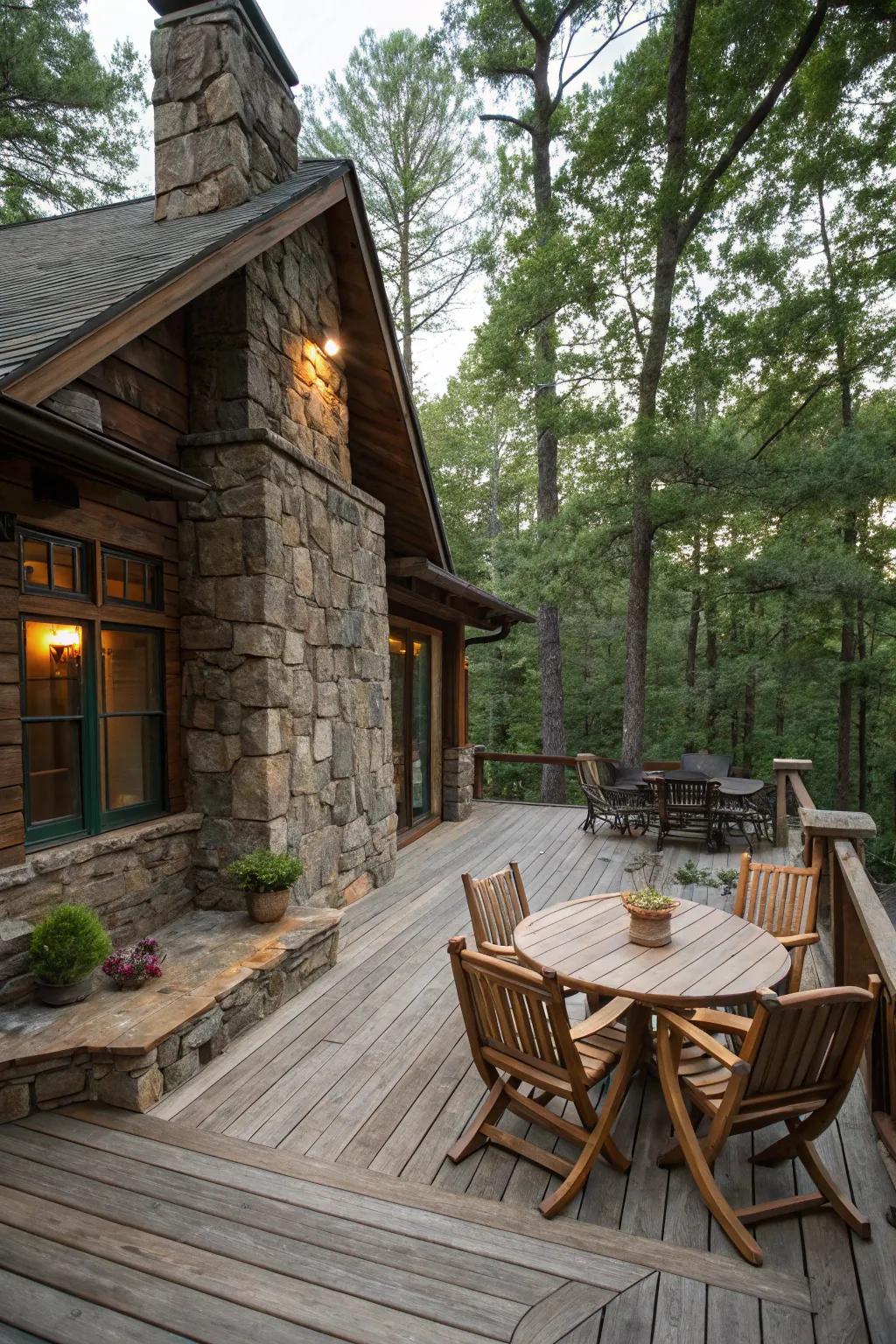 A rustic patio design using natural wood and stone elements.