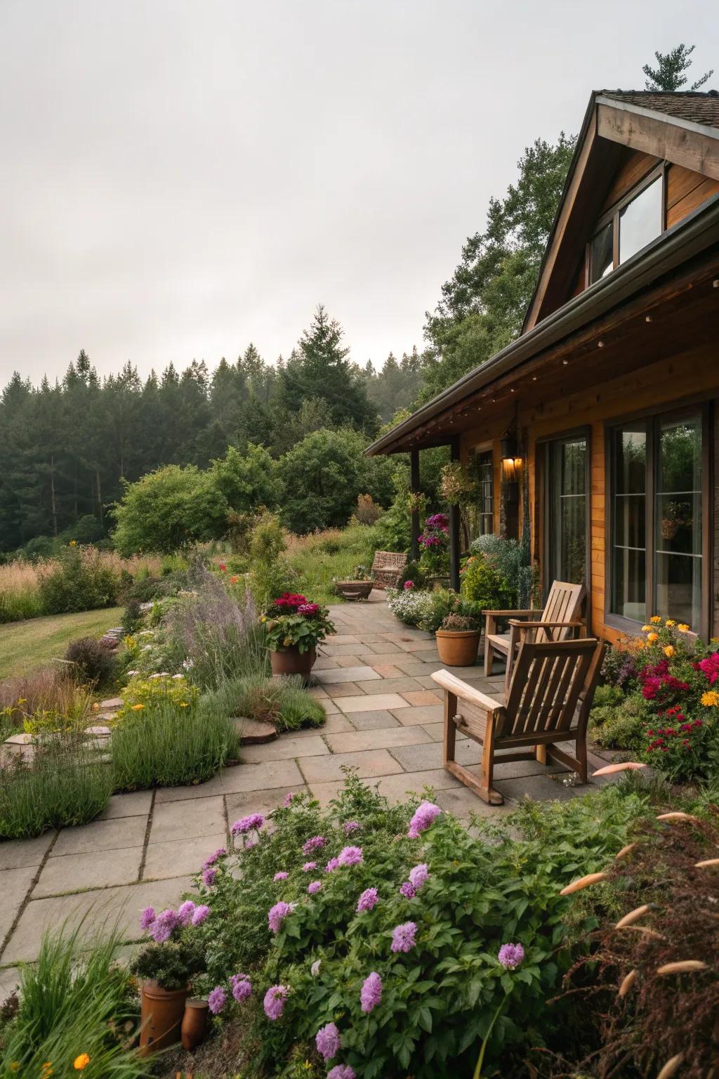 Native plants create a vibrant garden oasis around the patio.