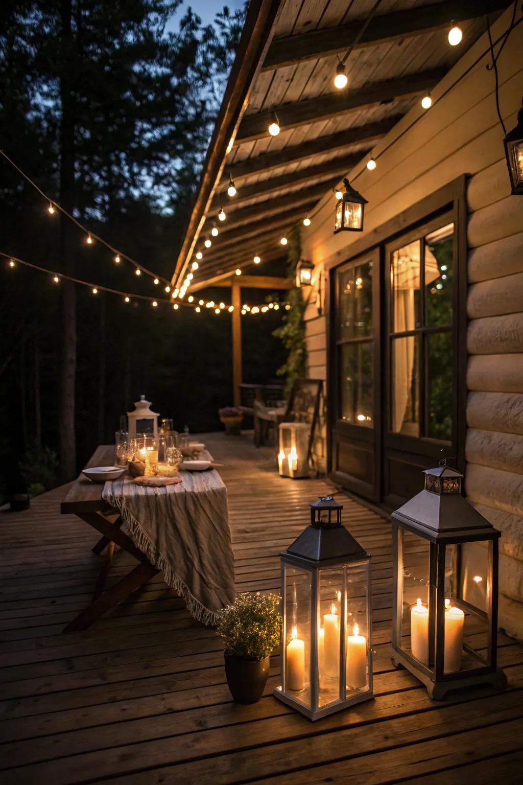 Layered lighting creates a cozy and inviting patio atmosphere.