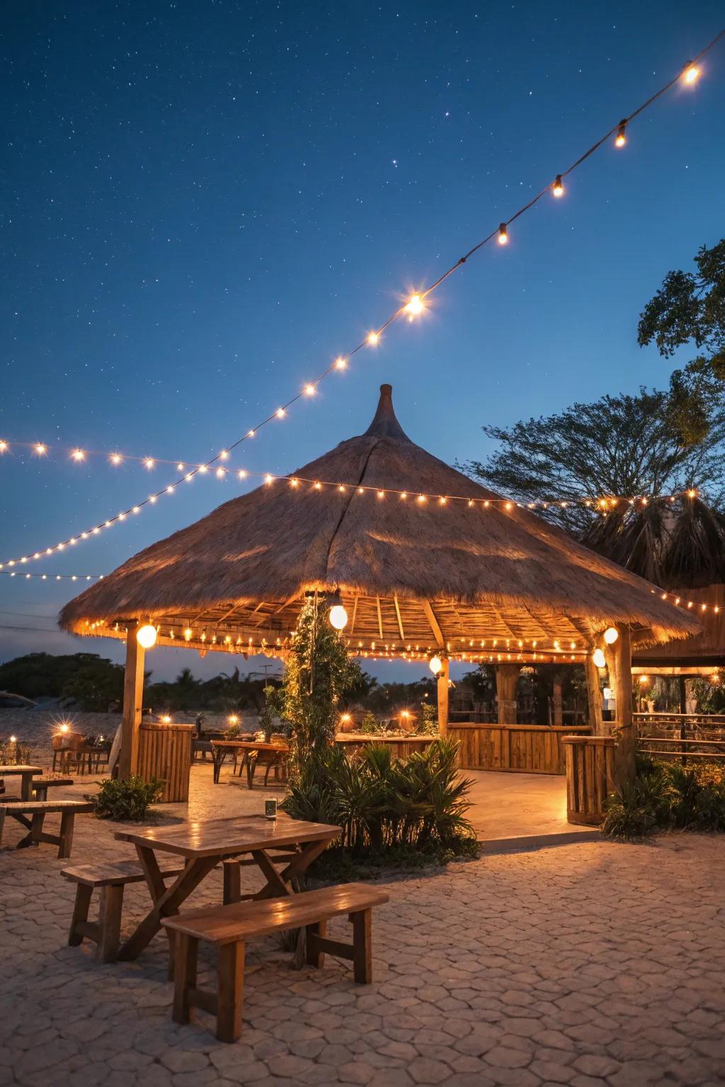 Add a magical glow to your palapa with evening lighting.