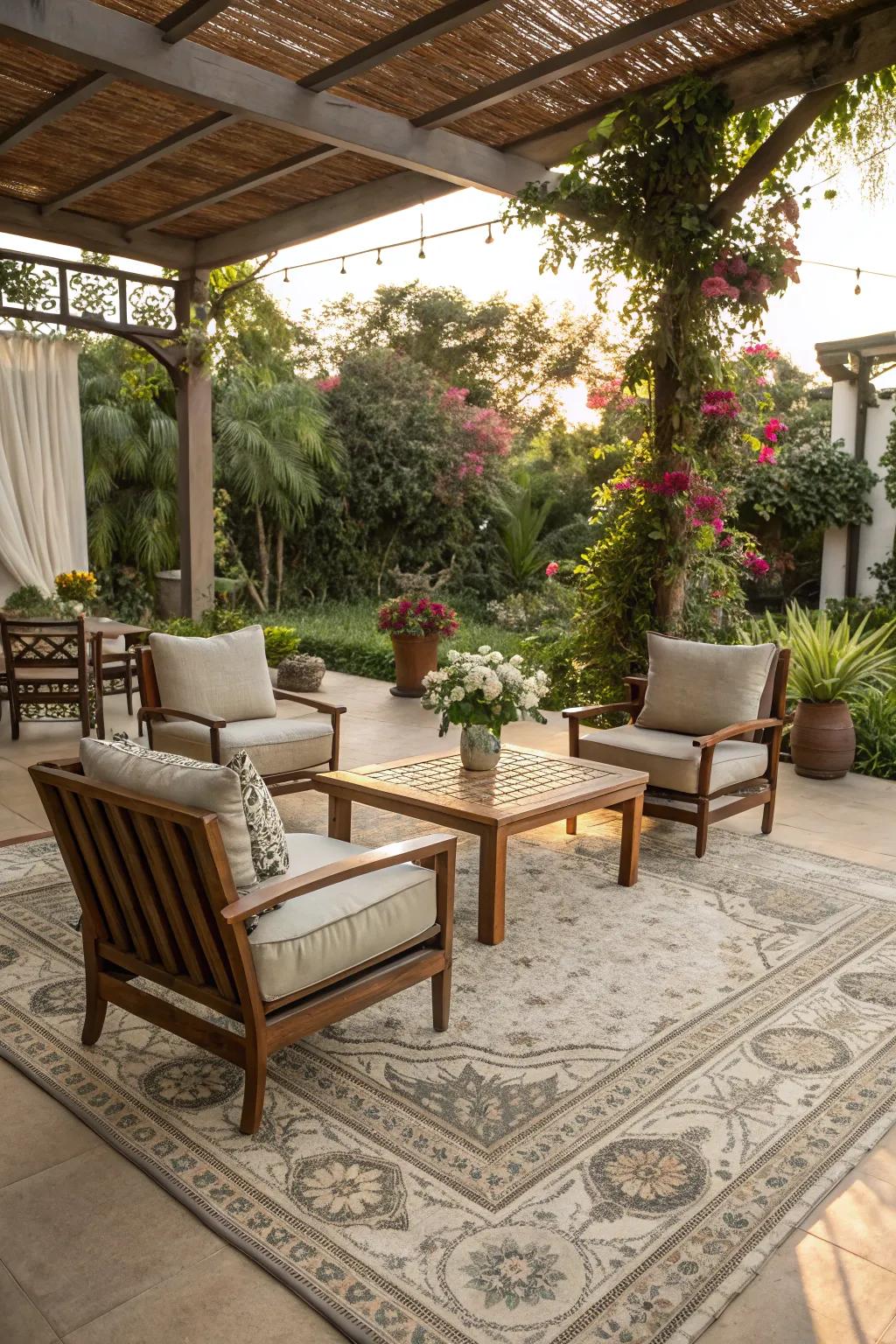 Define your space with a stylish outdoor rug.