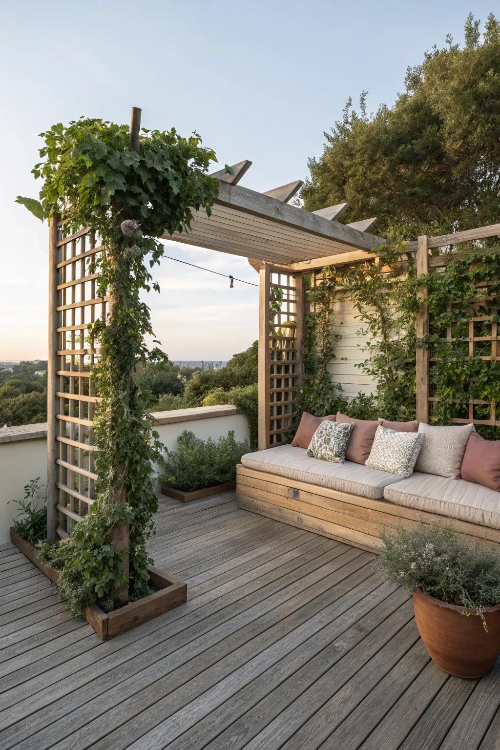 Built-in seating trellises offer space-saving solutions for small decks.
