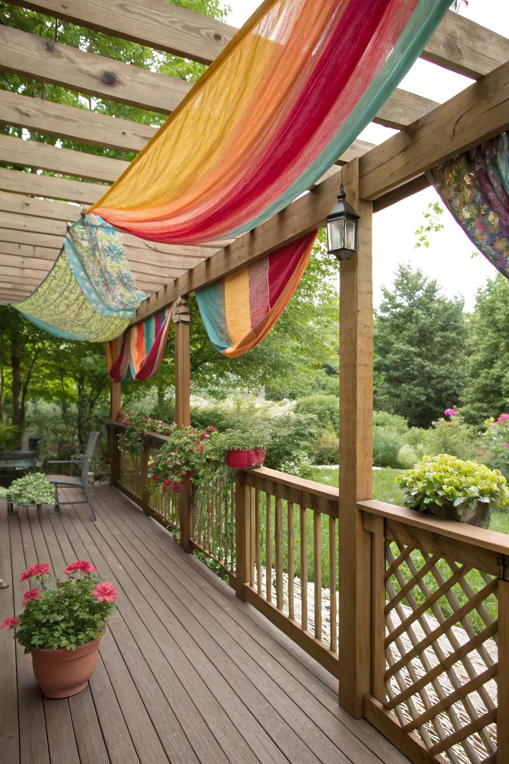 Fabric-covered trellises add softness and color to your deck.