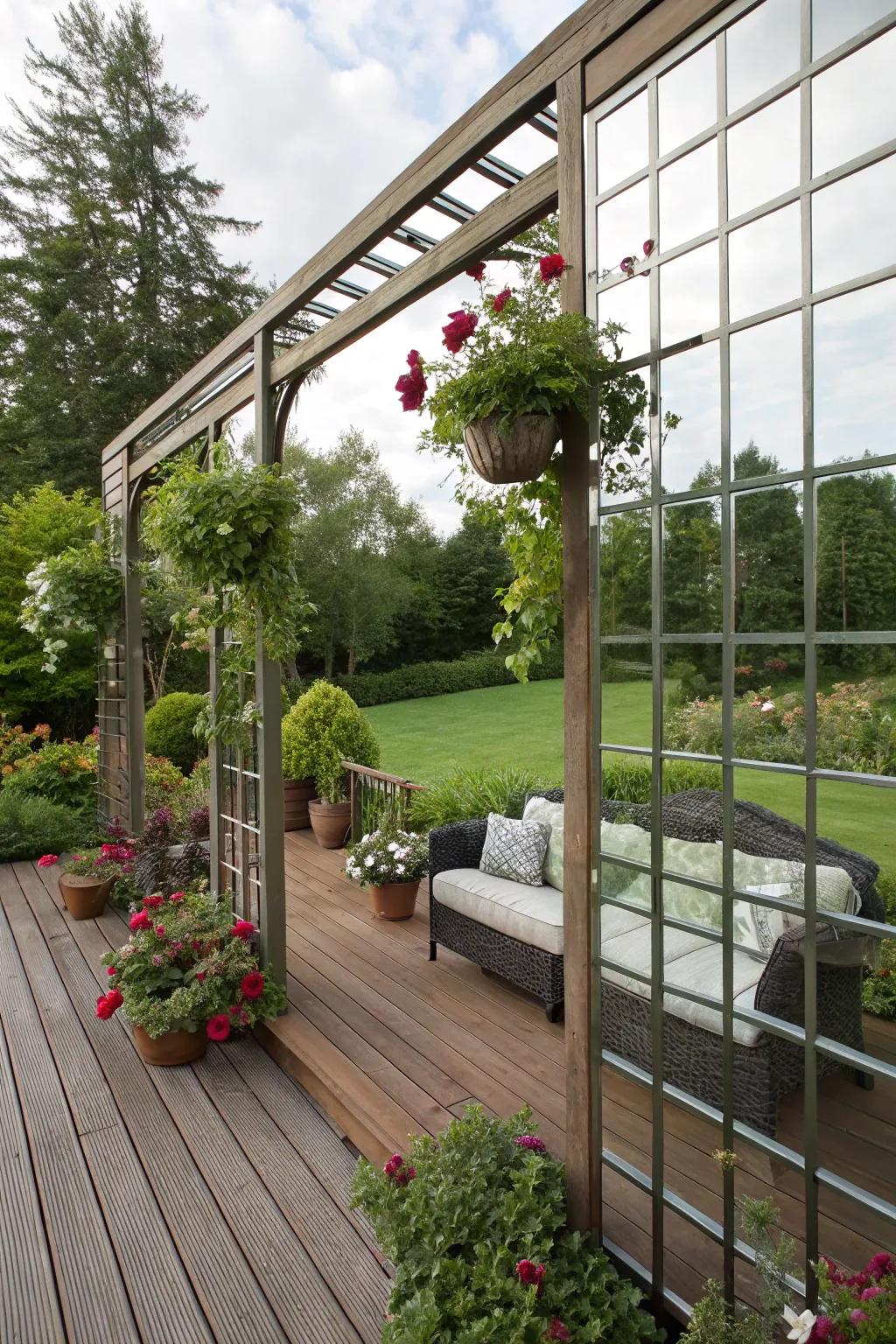 Mirror trellises enhance the sense of space on compact decks.