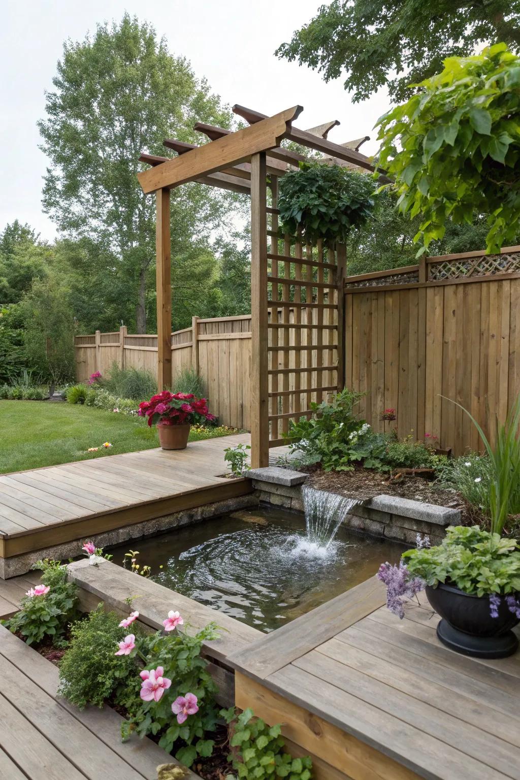 Trellises with water features bring a calming ambiance to your deck.