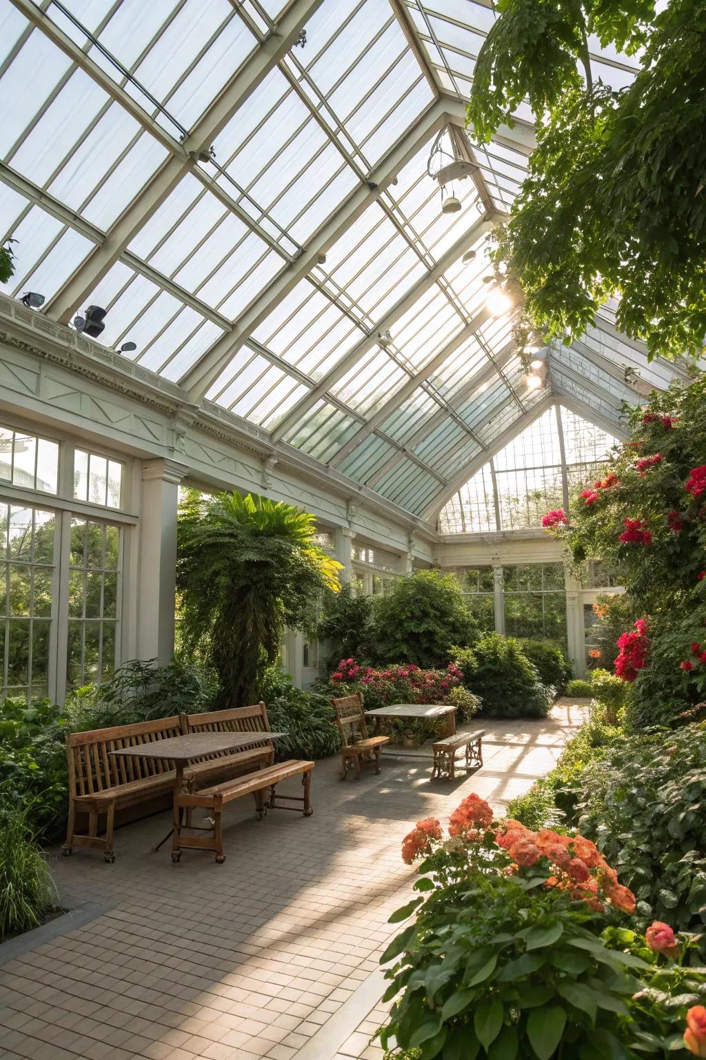 A glass roof maximizes natural light, creating a bright, inviting space.