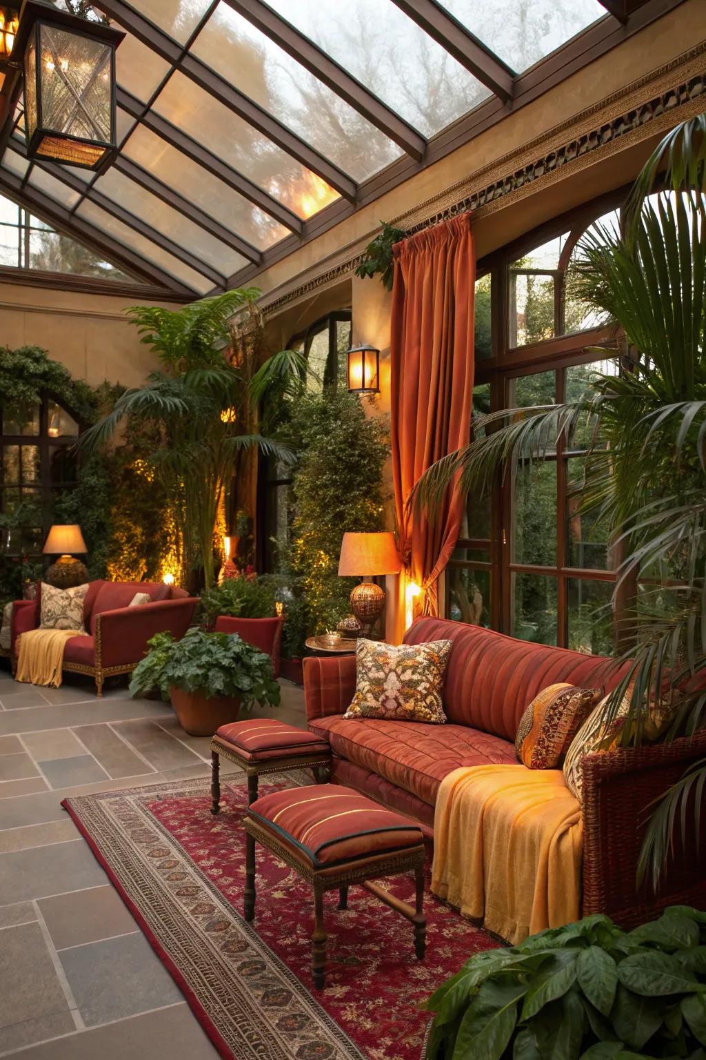 Warm colors and soft furnishings create a cozy conservatory atmosphere.