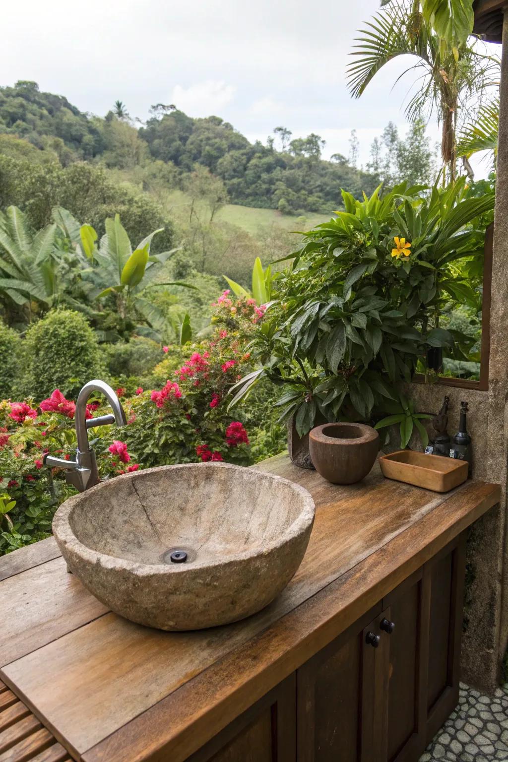 A rustic stone basin brings natural charm to your patio.