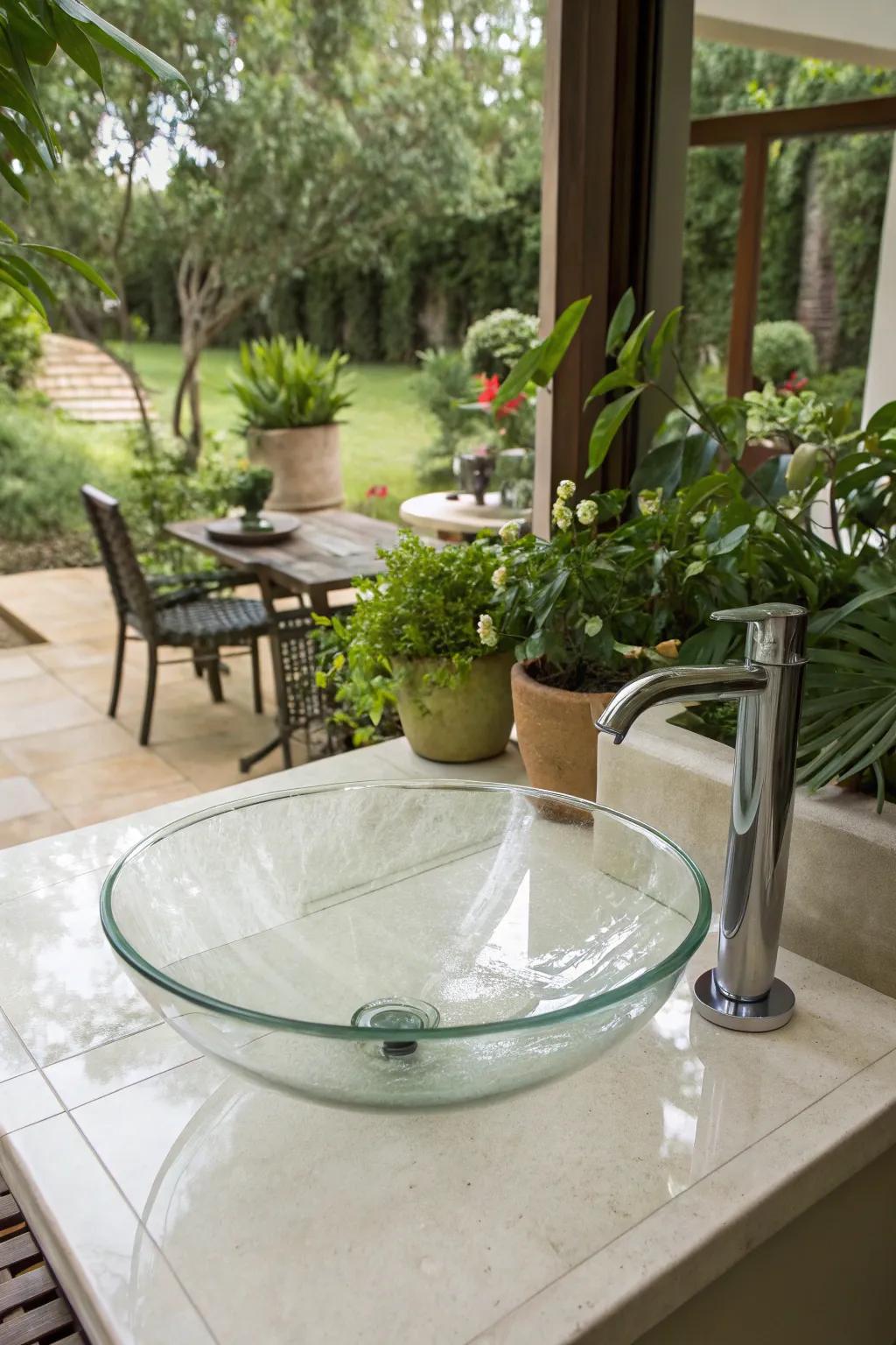 A glass basin adds elegance and modernity to your patio.