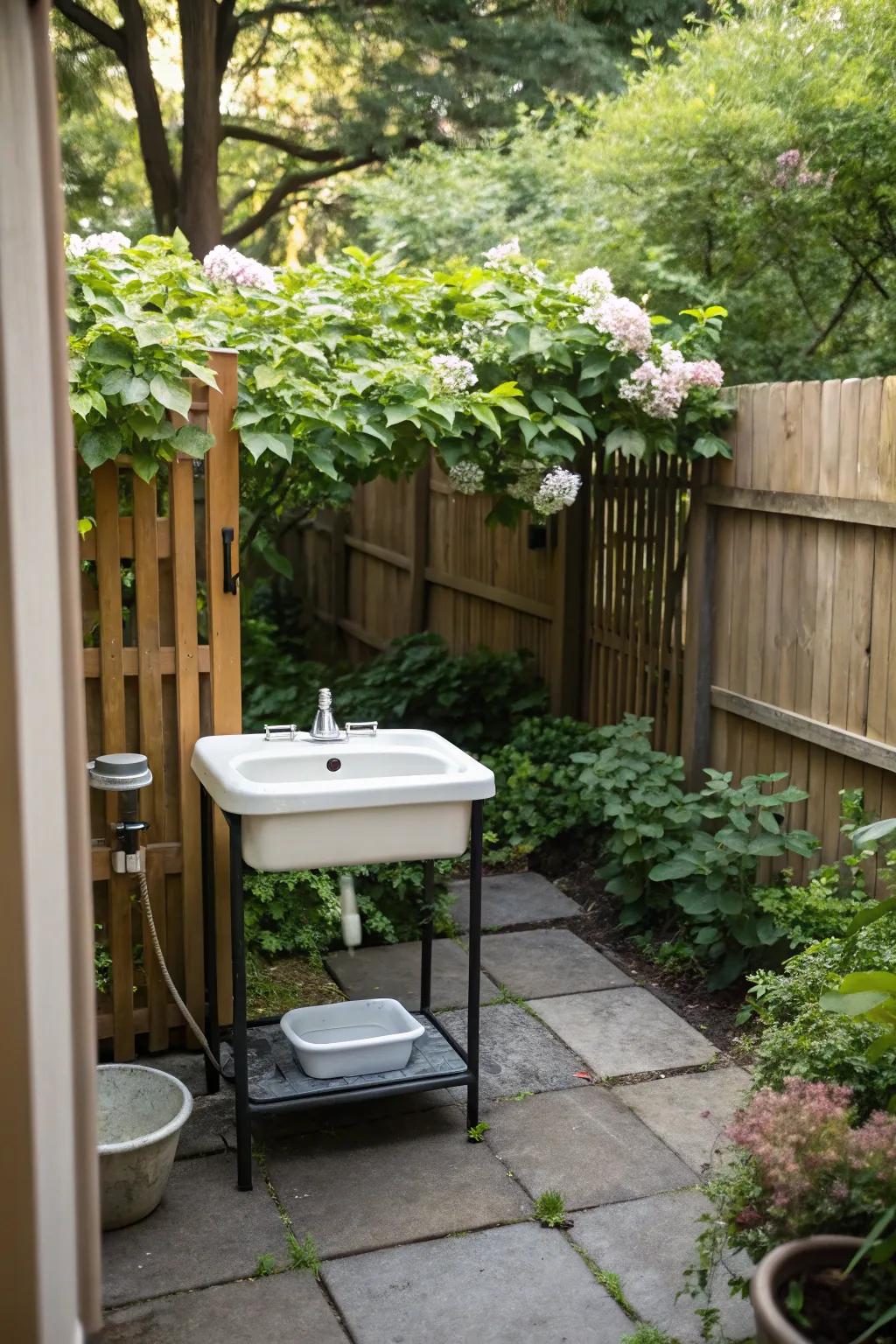 A folding sink offers versatility for compact patios.