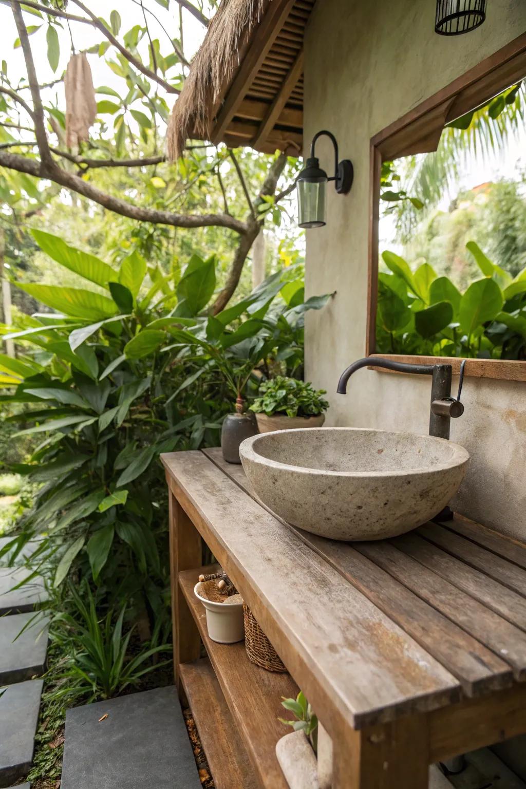 Natural stone and wood create a harmonious patio sink.