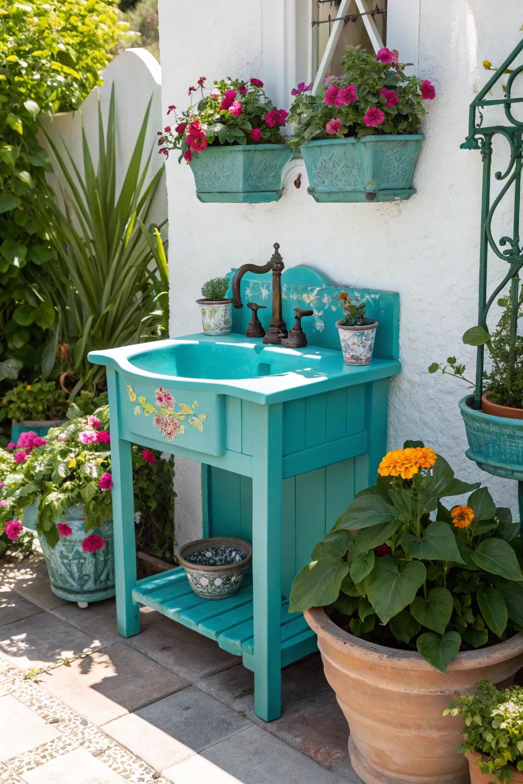A painted sink adds a vibrant splash to your patio.