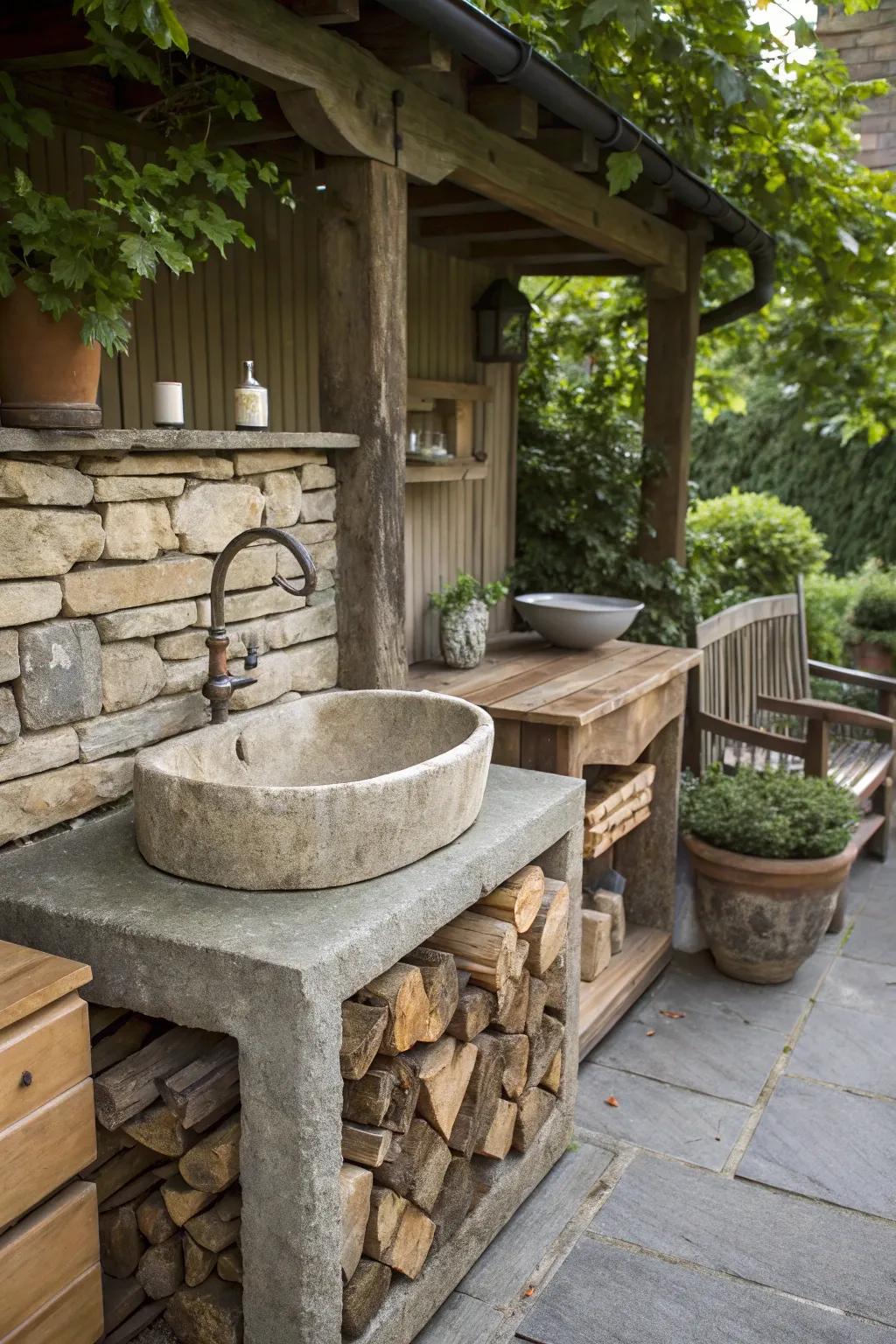 Firewood storage integration adds function and charm.