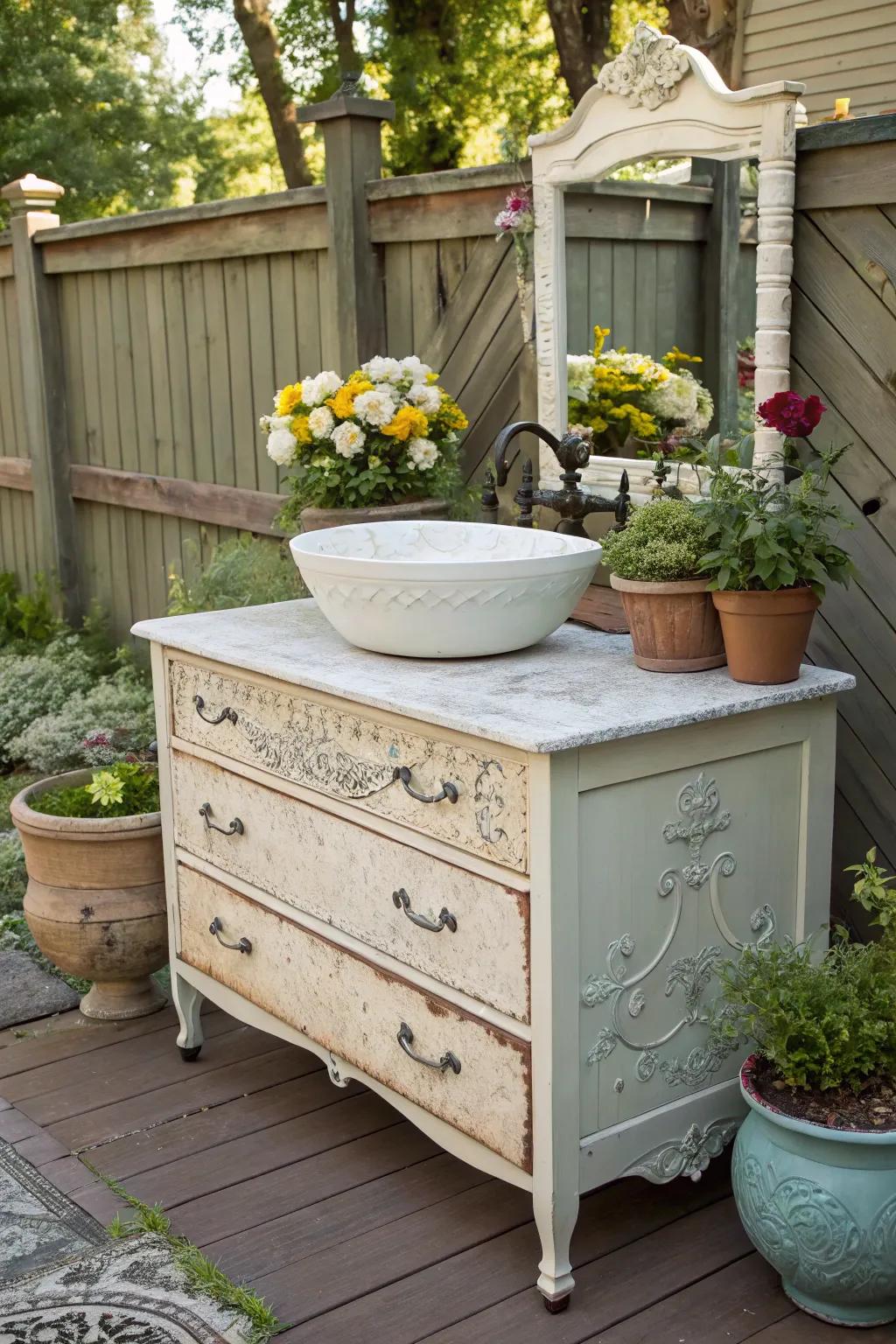Repurposing vintage furniture can create a unique patio sink.