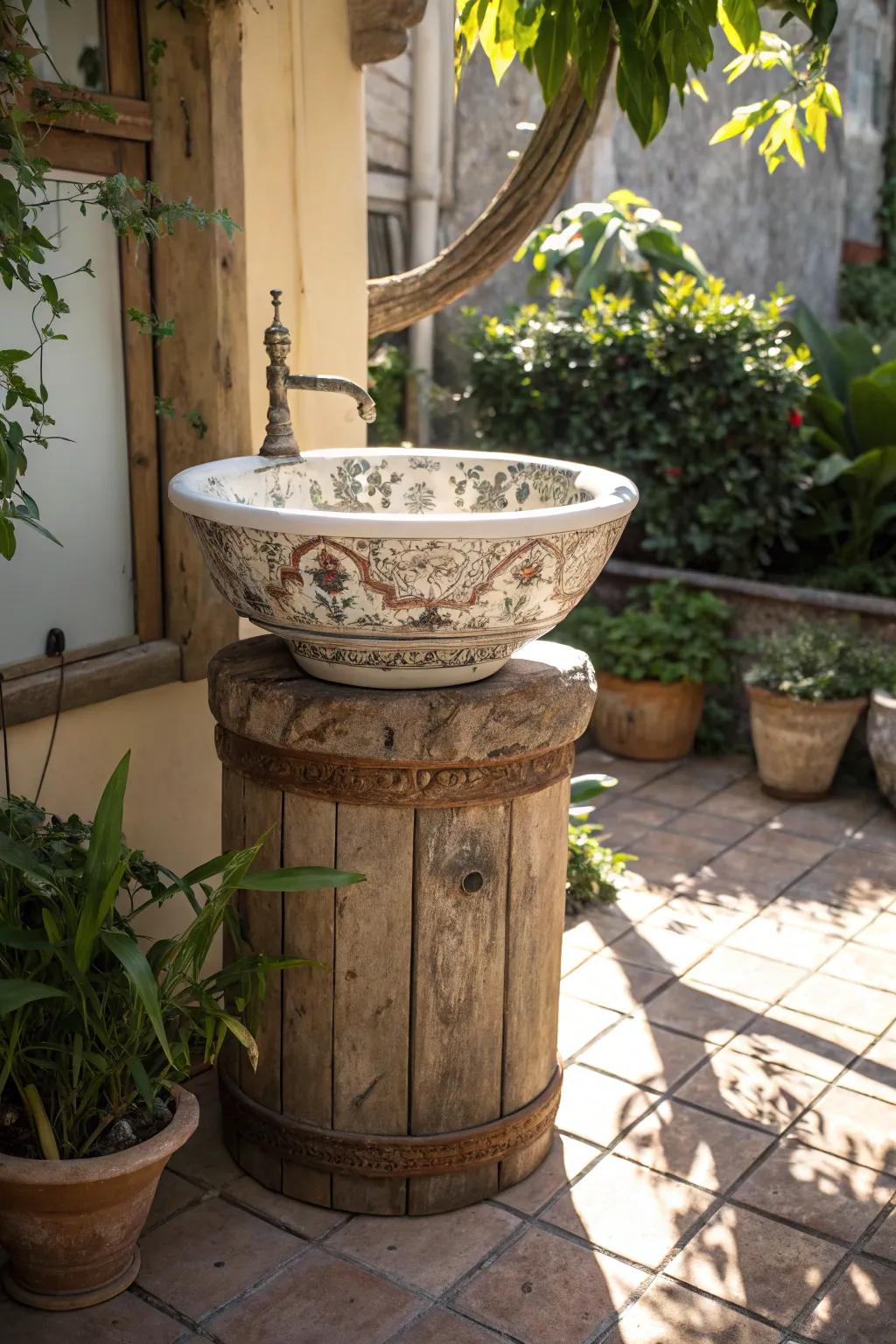 A vintage porcelain sink adds timeless charm to your patio.