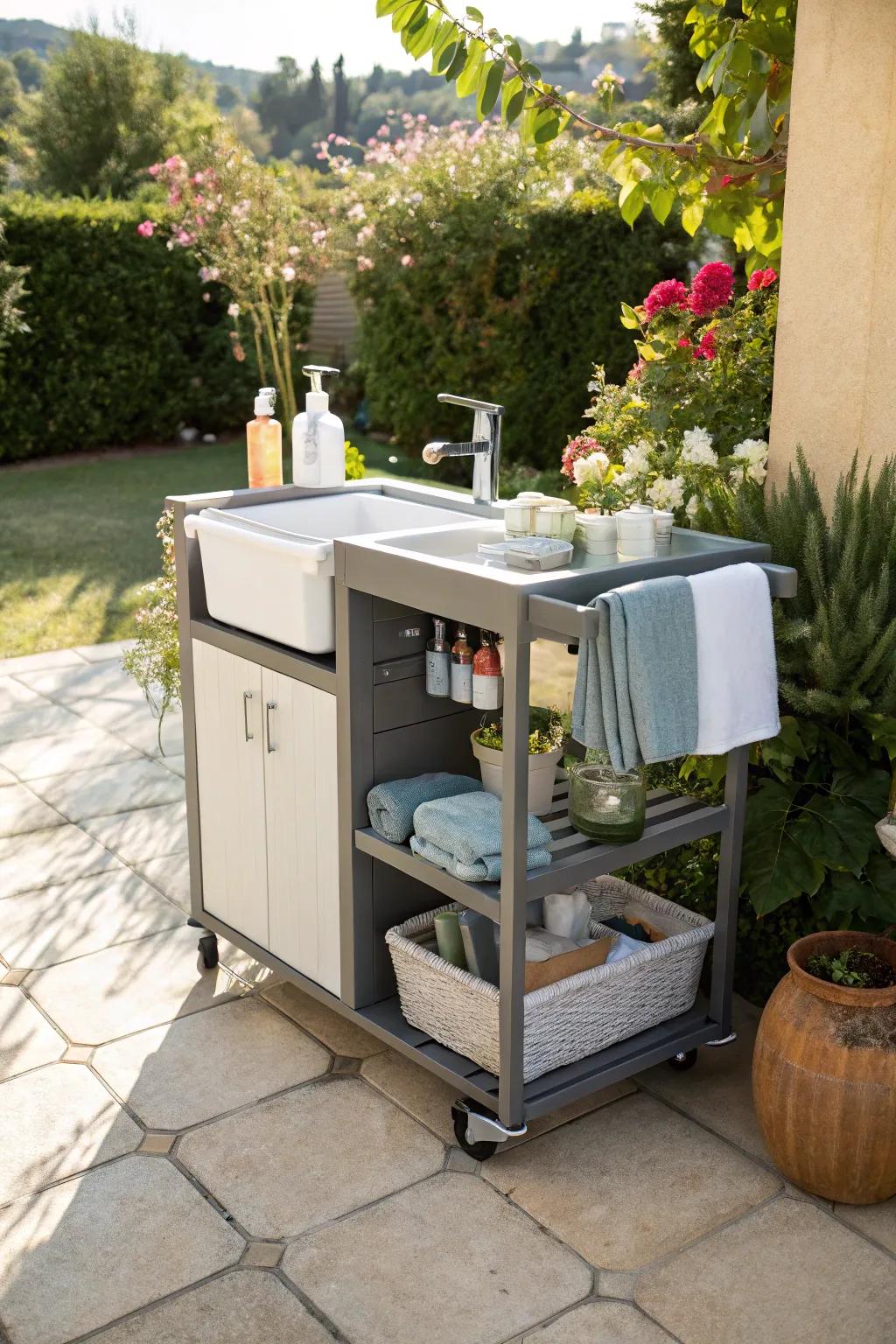 A portable sink station offers mobility and convenience.