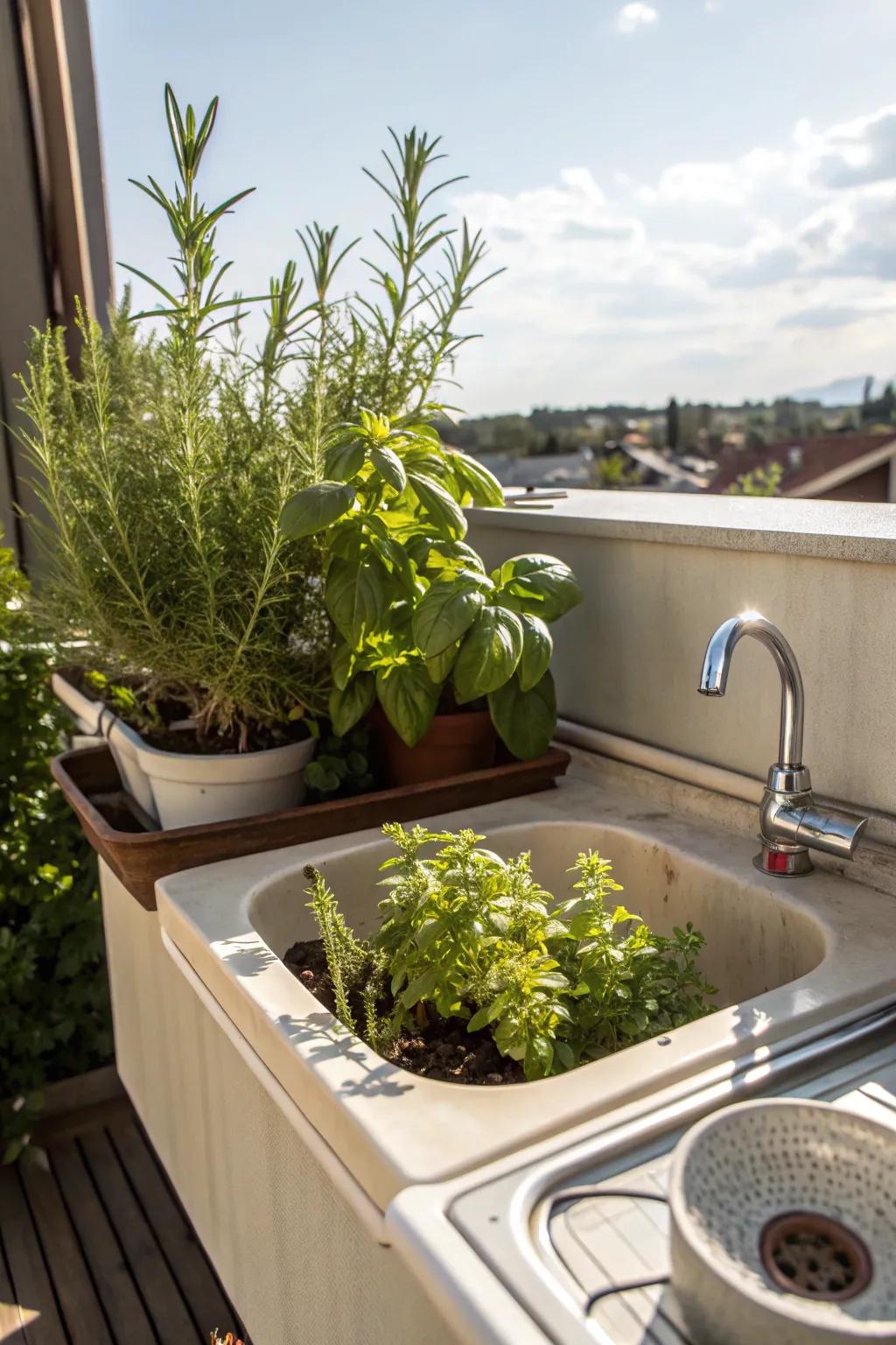 Integrate a herb garden for freshness by your patio sink.