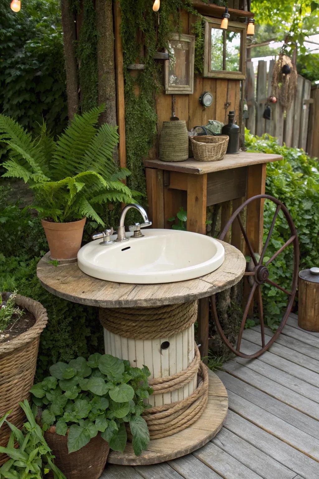 A recycled cable reel makes for an innovative sink base.