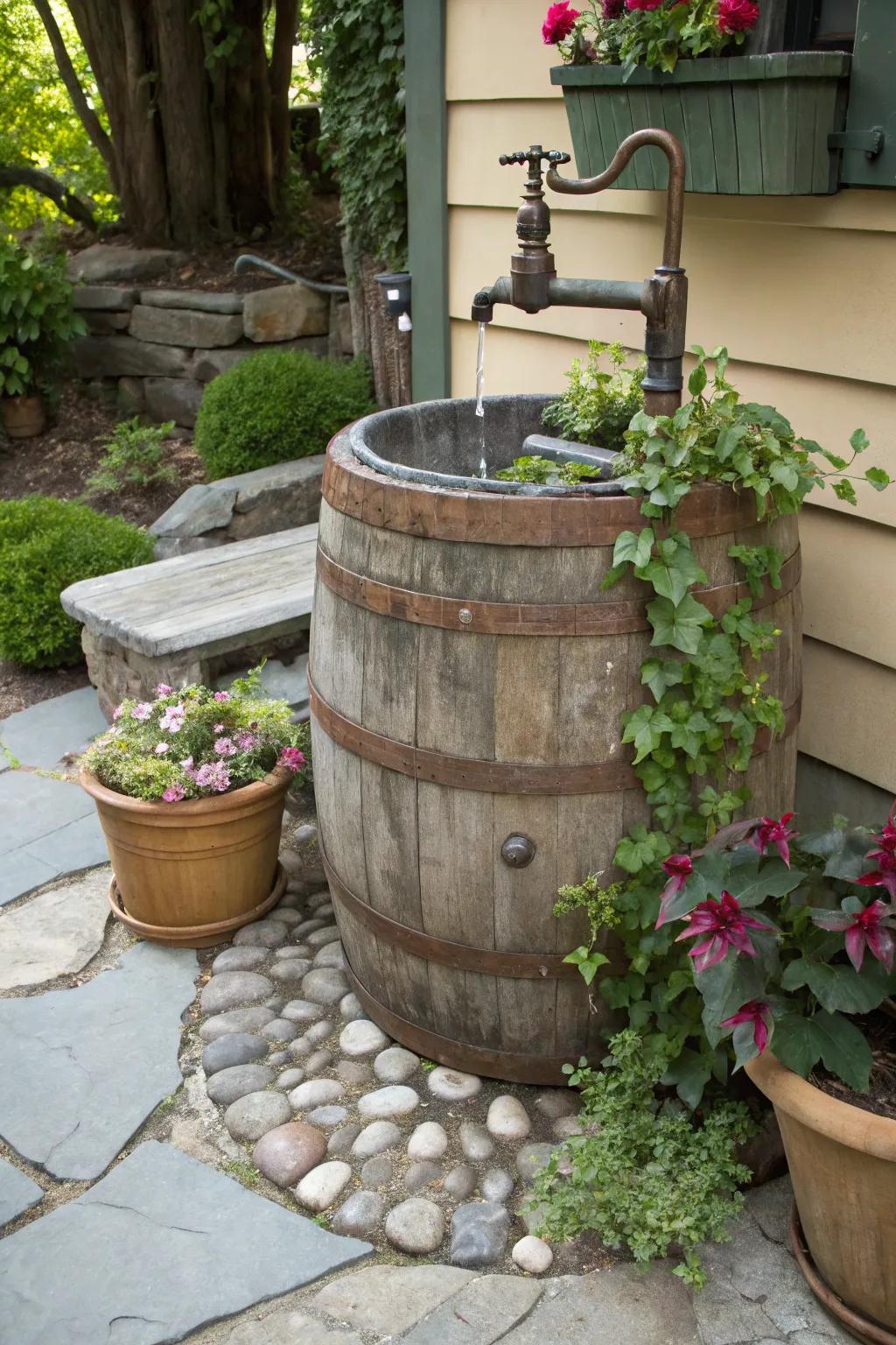 A wooden barrel sink adds rustic charm and sustainability.