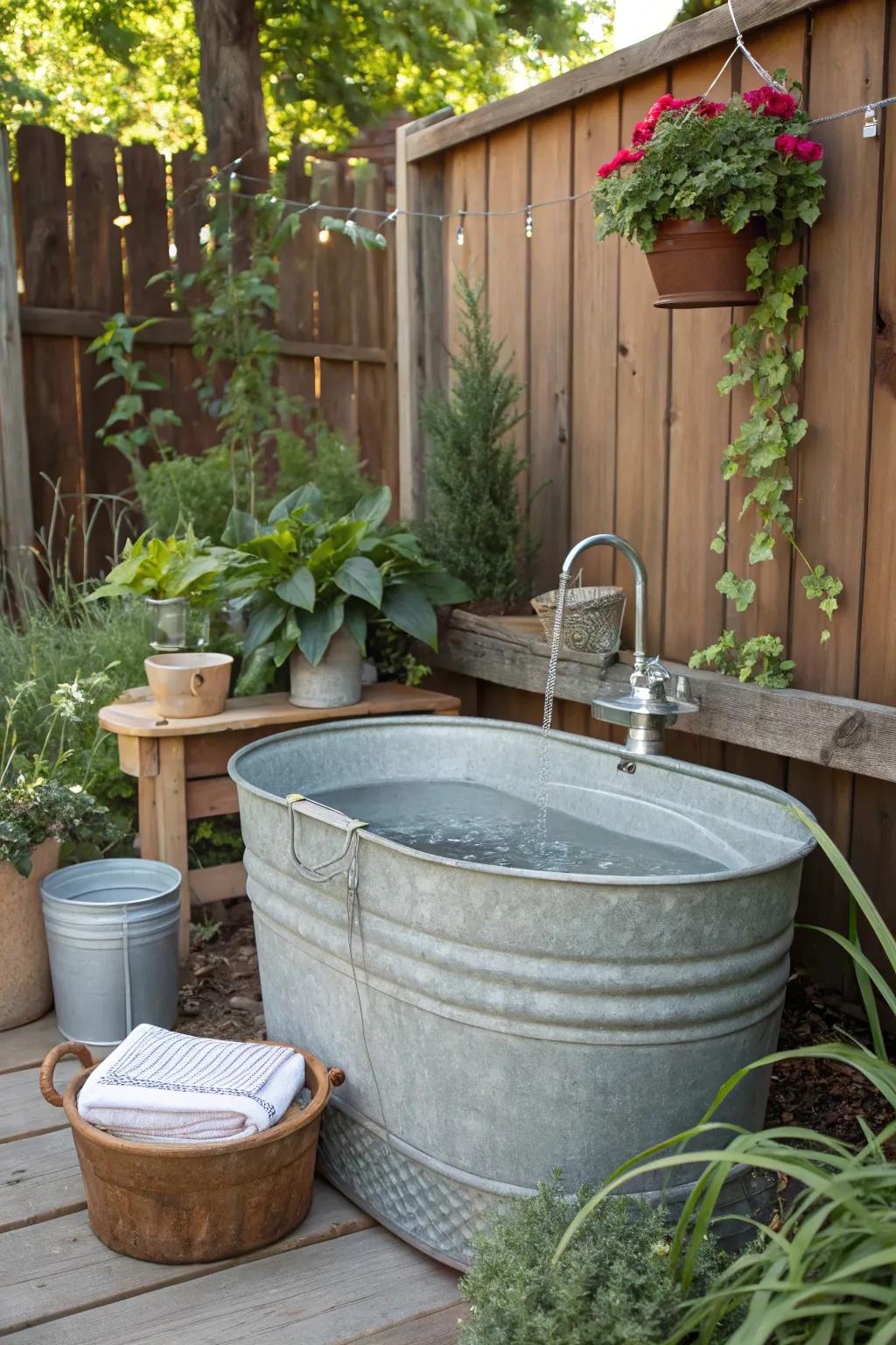 Galvanized metal tubs offer rustic durability for sinks.