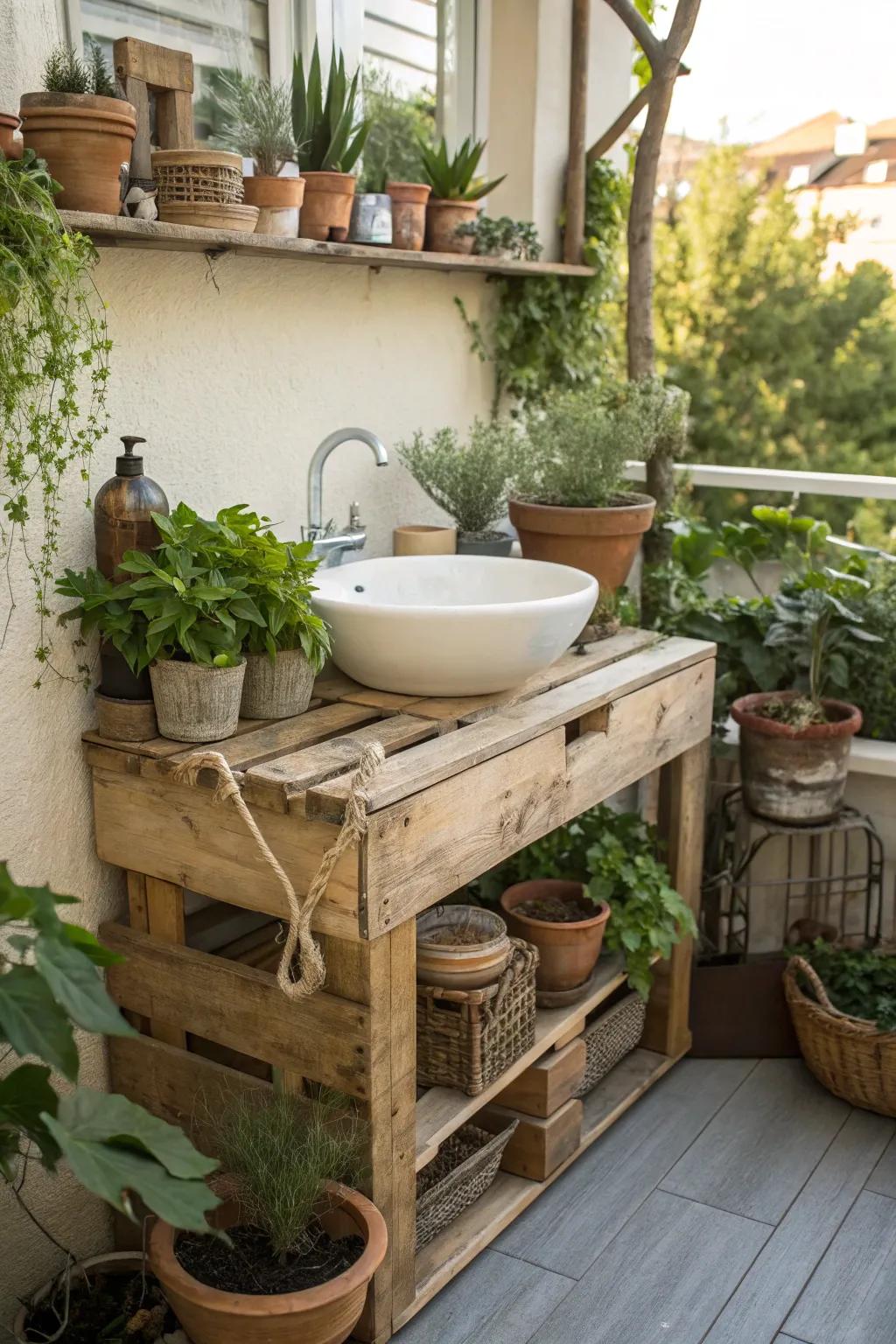 Upcycled pallets create charming and eco-friendly sink stands.