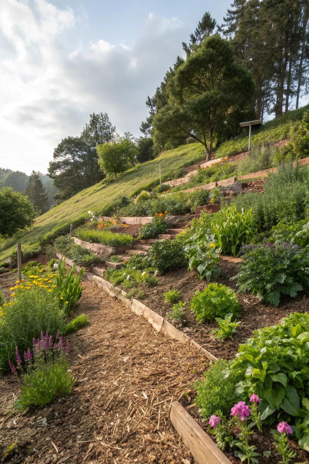 Hillside garden with plants mulched in natural bark