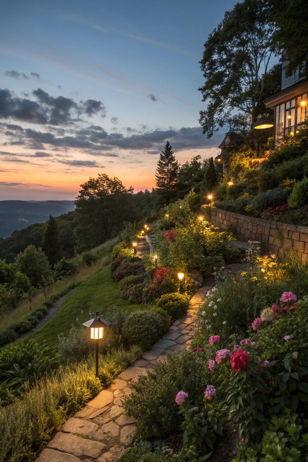 Hillside garden illuminated with solar lights at dusk