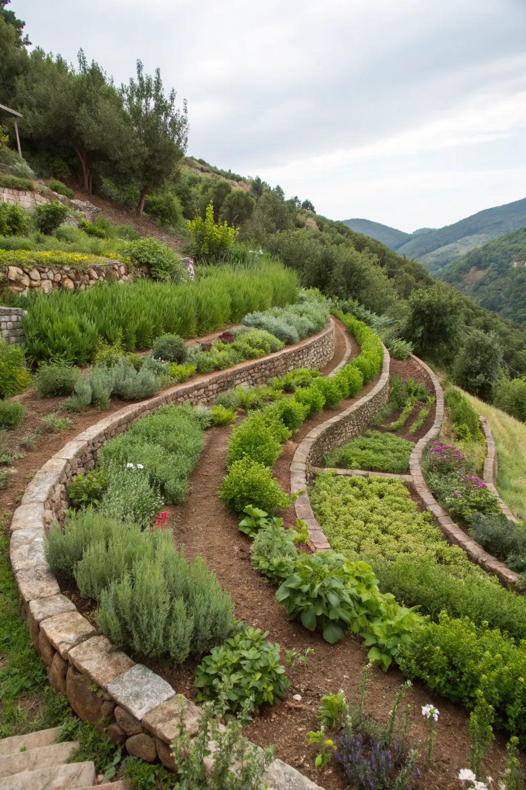 Spiral herb garden on a hillside with various herbs