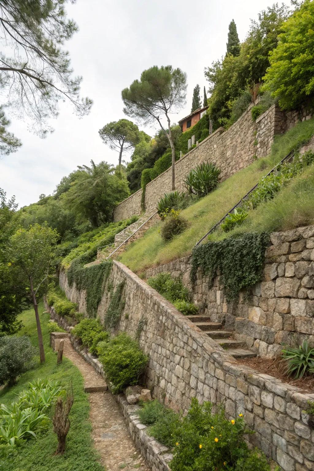 Hillside with retaining walls made of stone, surrounded by plants