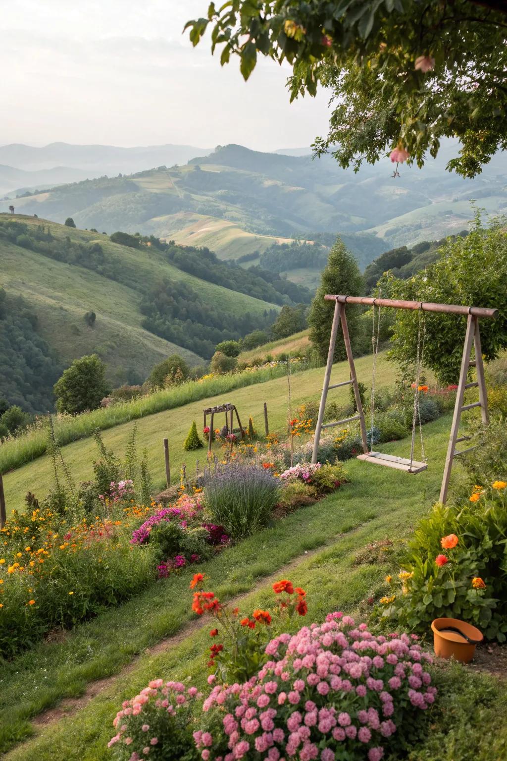 Hillside garden with a children’s play area including a swing