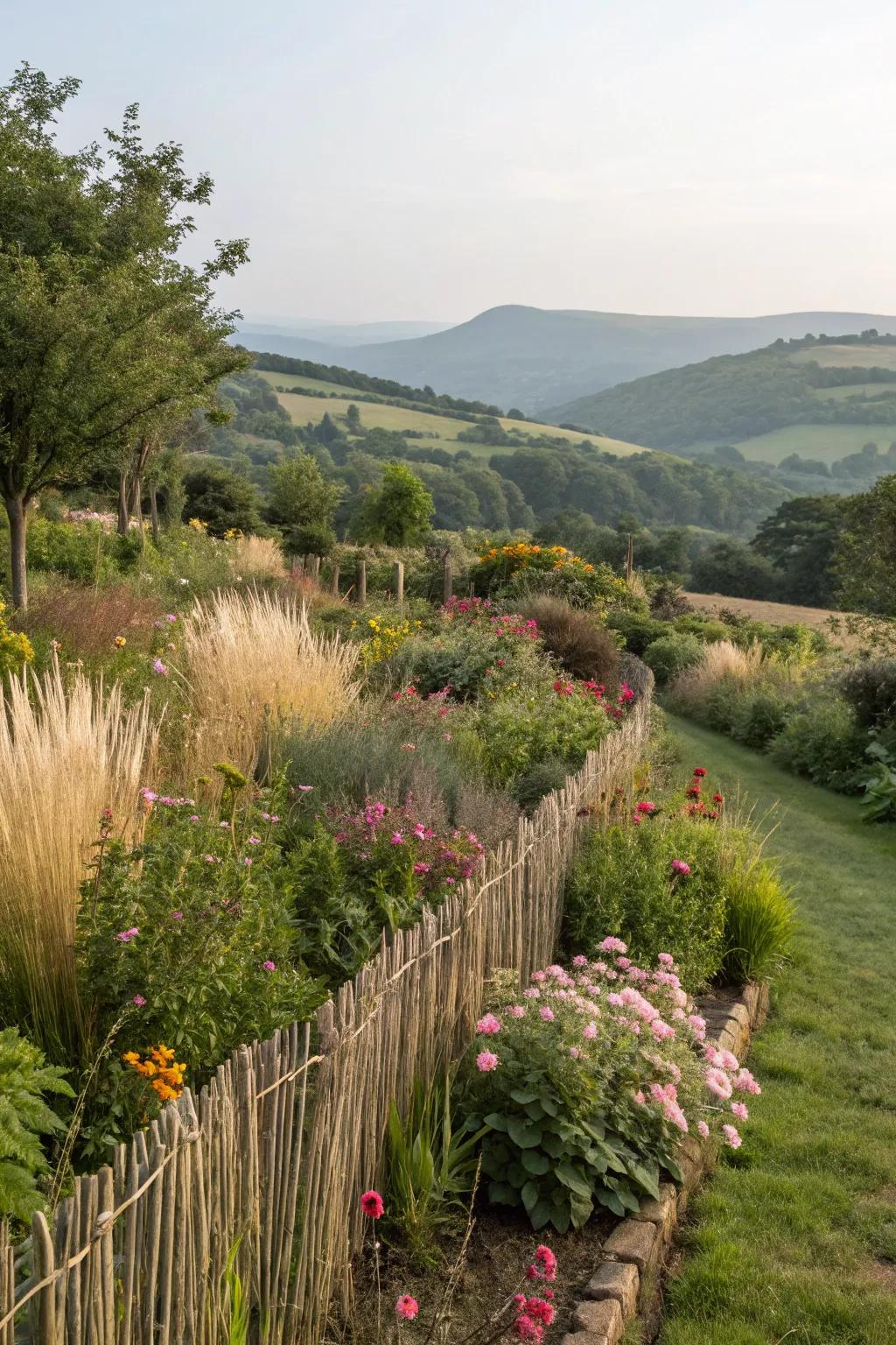 Hillside garden with natural fencing made of tall grasses