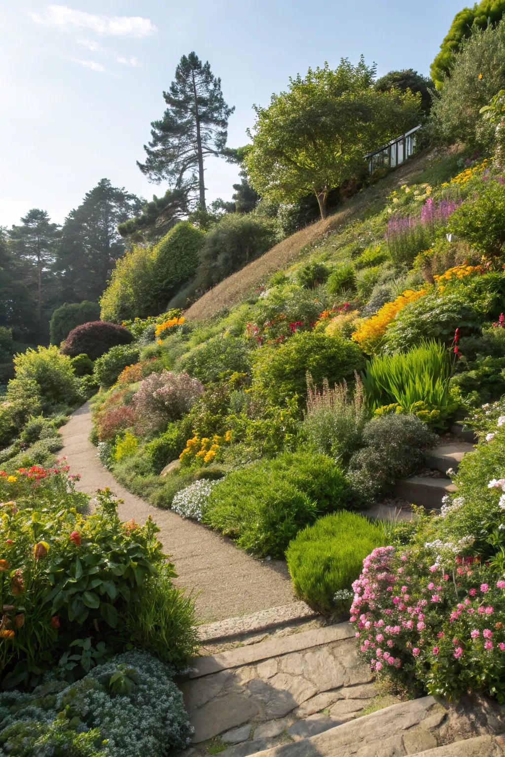 Hillside garden with varied plantings according to sunlight exposure