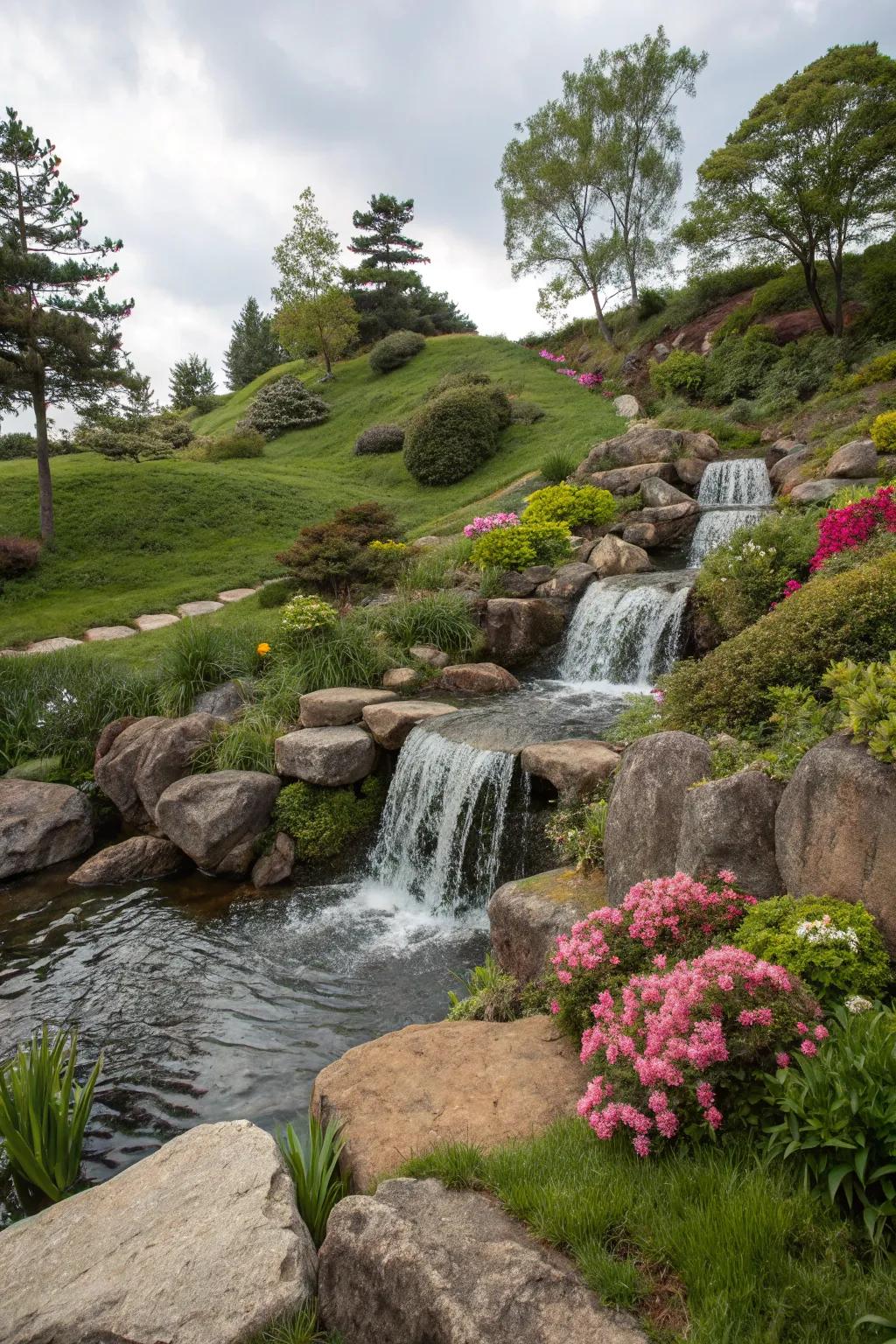 Small waterfall flowing through a garden on a hillside