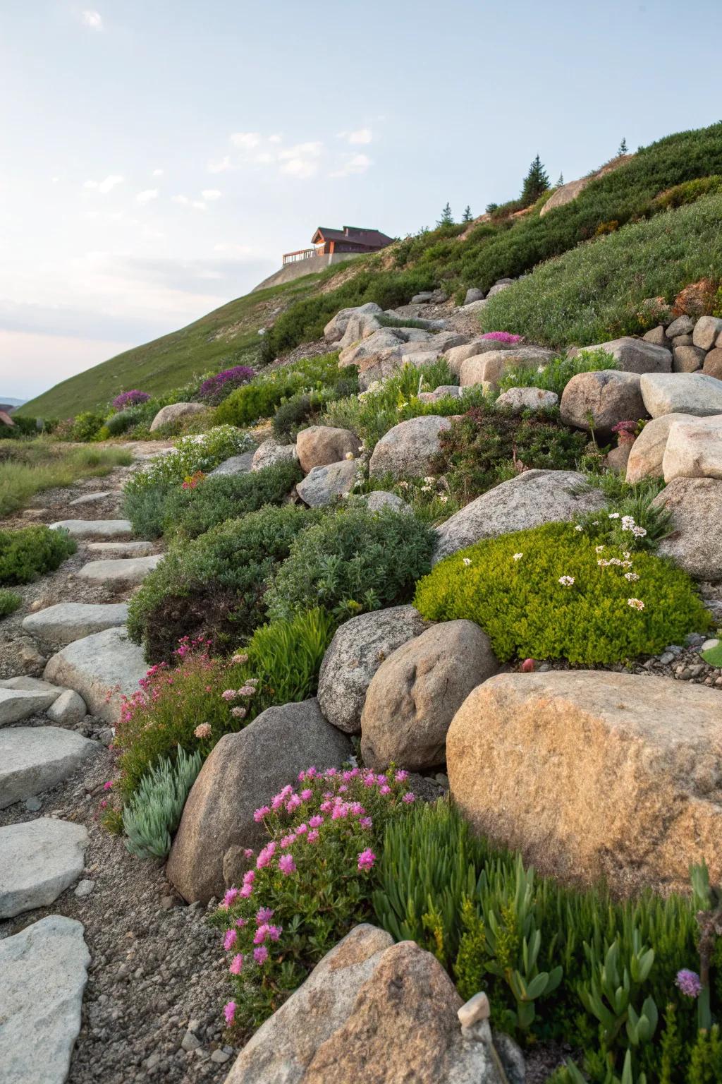 Rock garden on a hillside with various stones and alpine plants