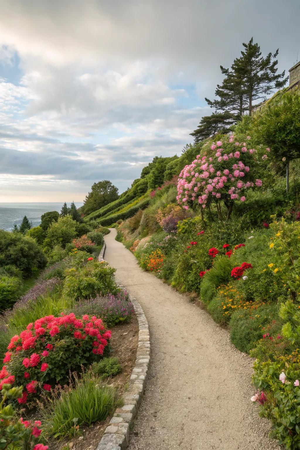 Winding gravel pathway through a hillside garden with flowers
