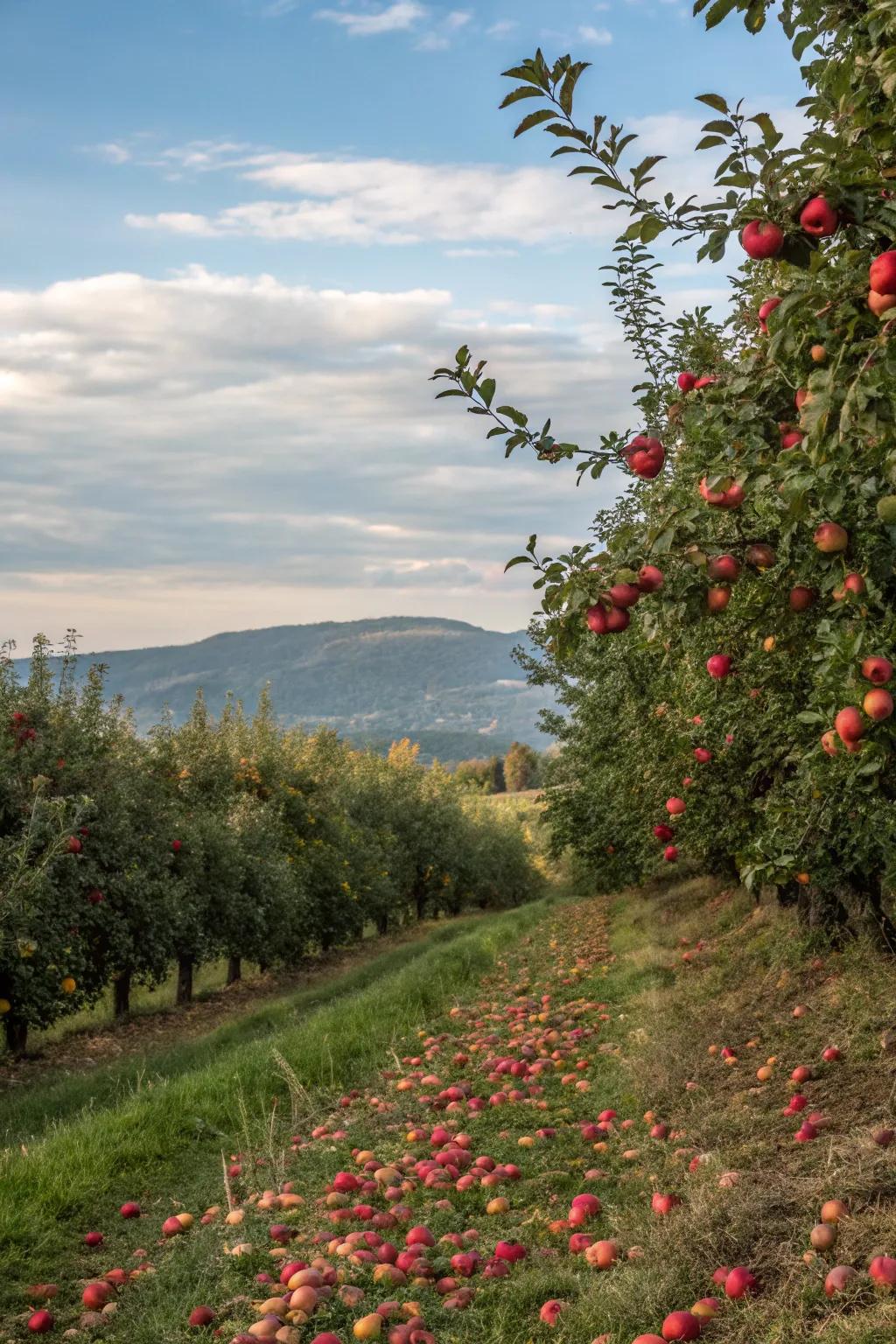 Hillside with fruit trees laden with apples