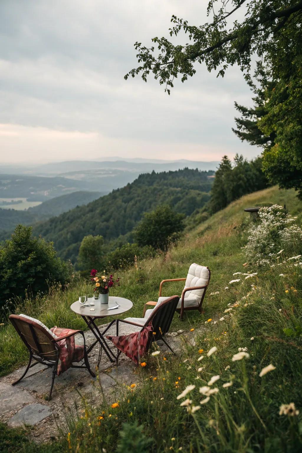 Cozy seating area on a hillside with chairs and a small table