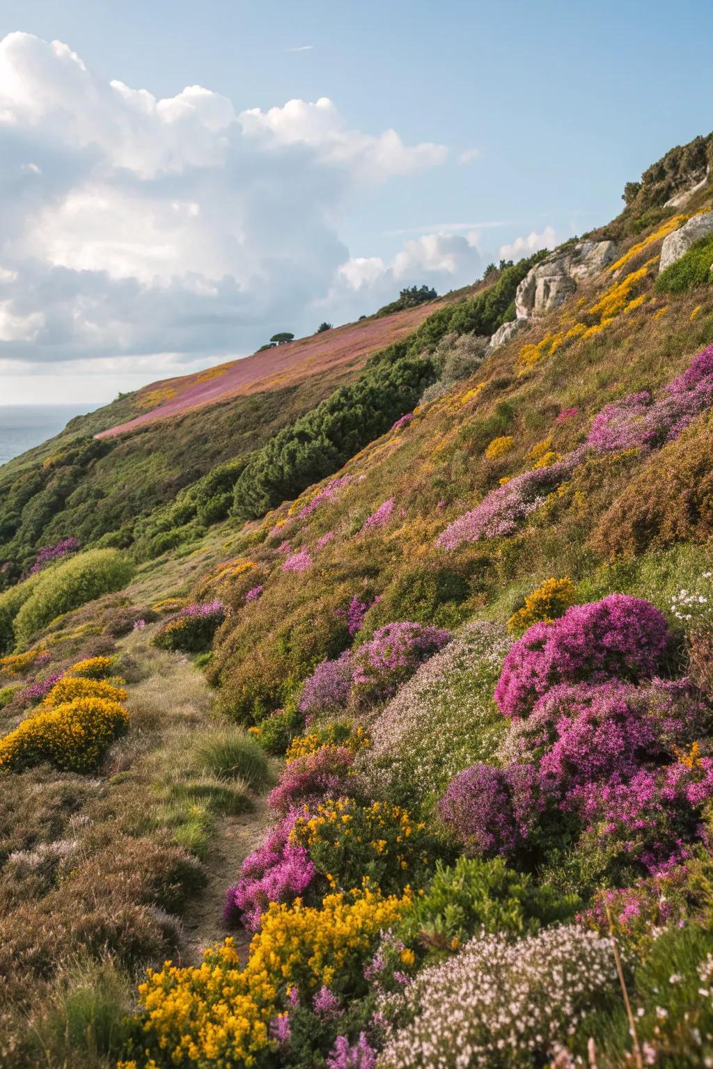 Hillside with a mix of colorful plants and flowers