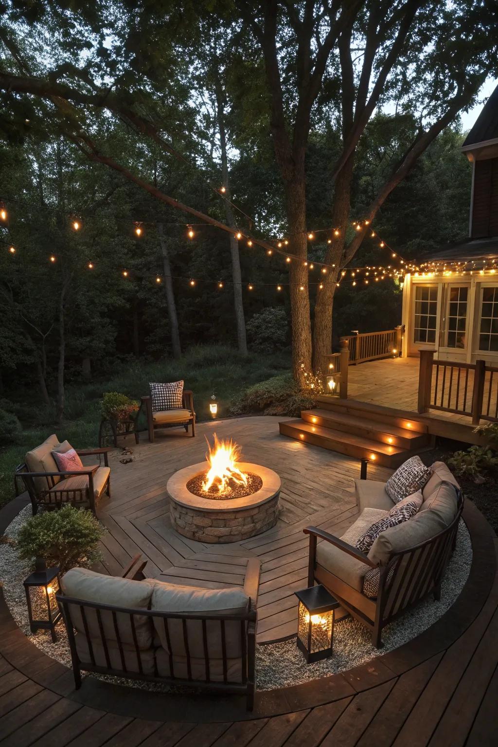 A fire pit creates a cozy gathering spot on your deck.