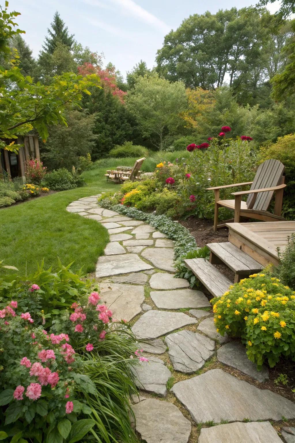 Create an organic flow with a stone pathway to your deck.